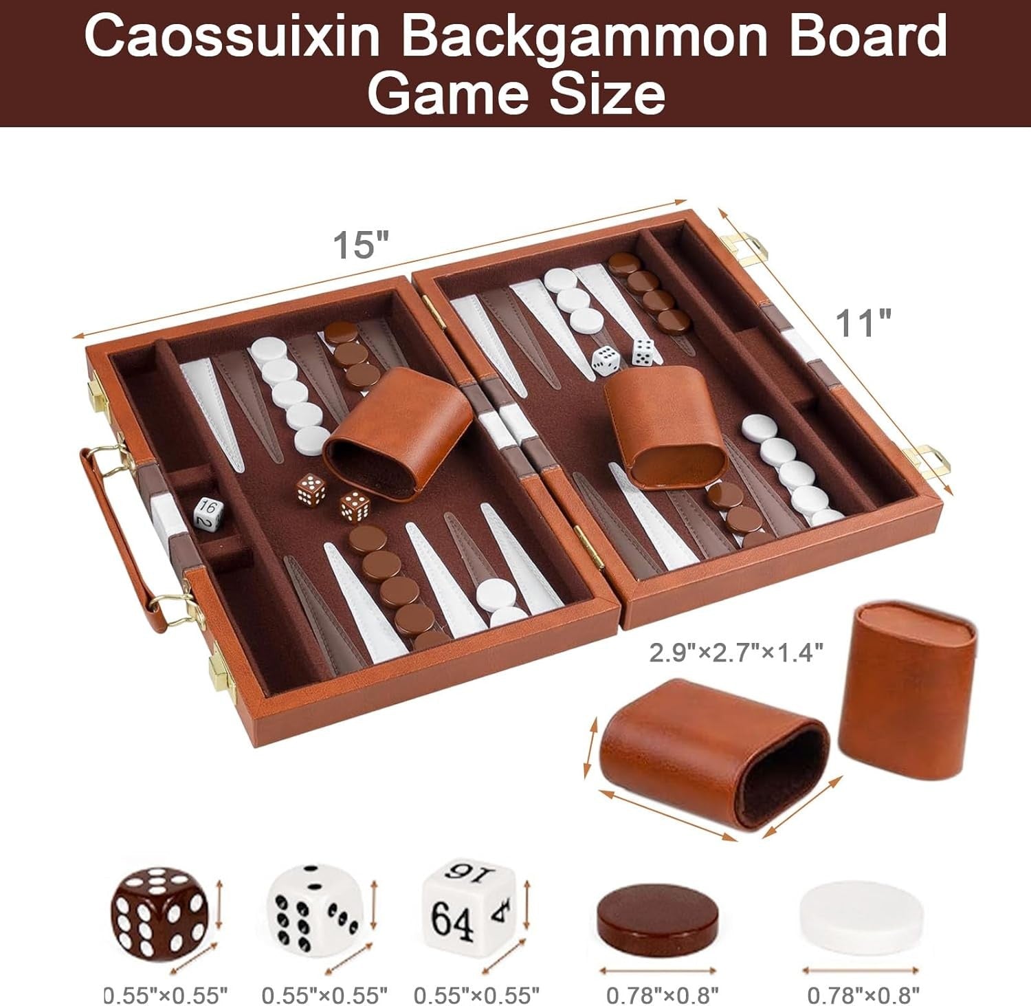 Backgammon Set 11 Inch Leather Case Portable Travel Board Game Dice Cups