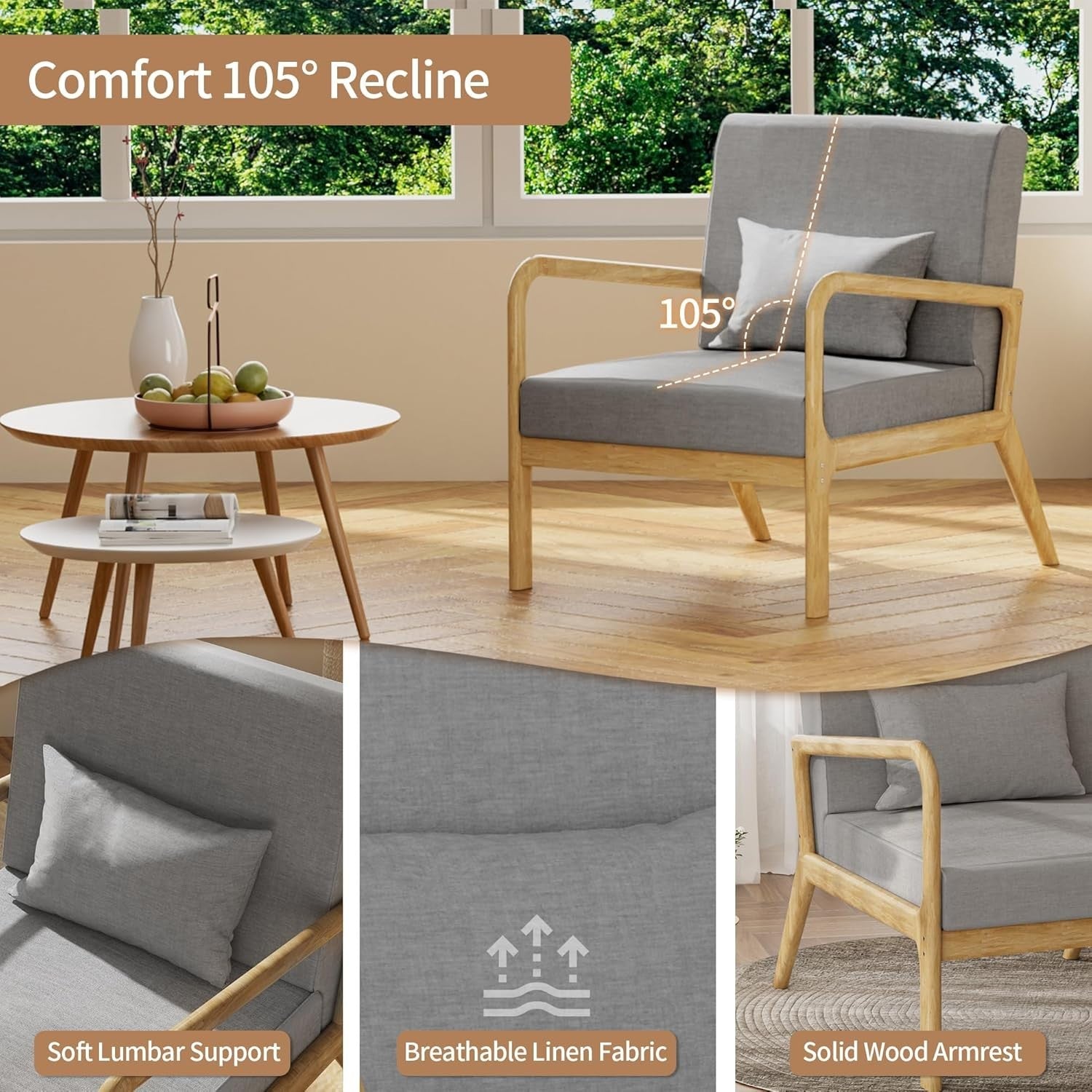Mid-Century Modern Wide Seat Accent Armchair with Lumbar Pillow