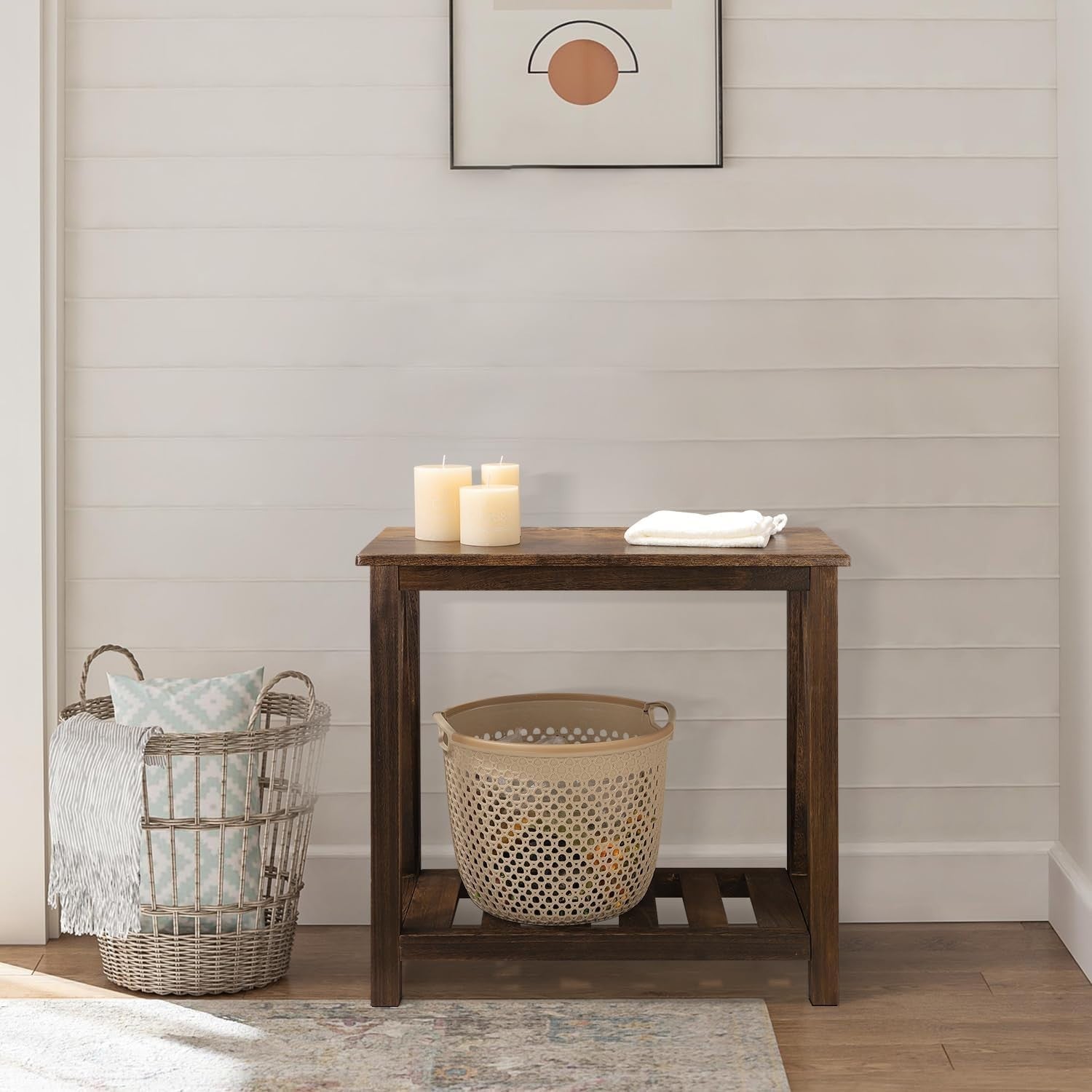 Narrow Brown Industrial Side Table with Storage Shelf, Compact Sofa Nightstand