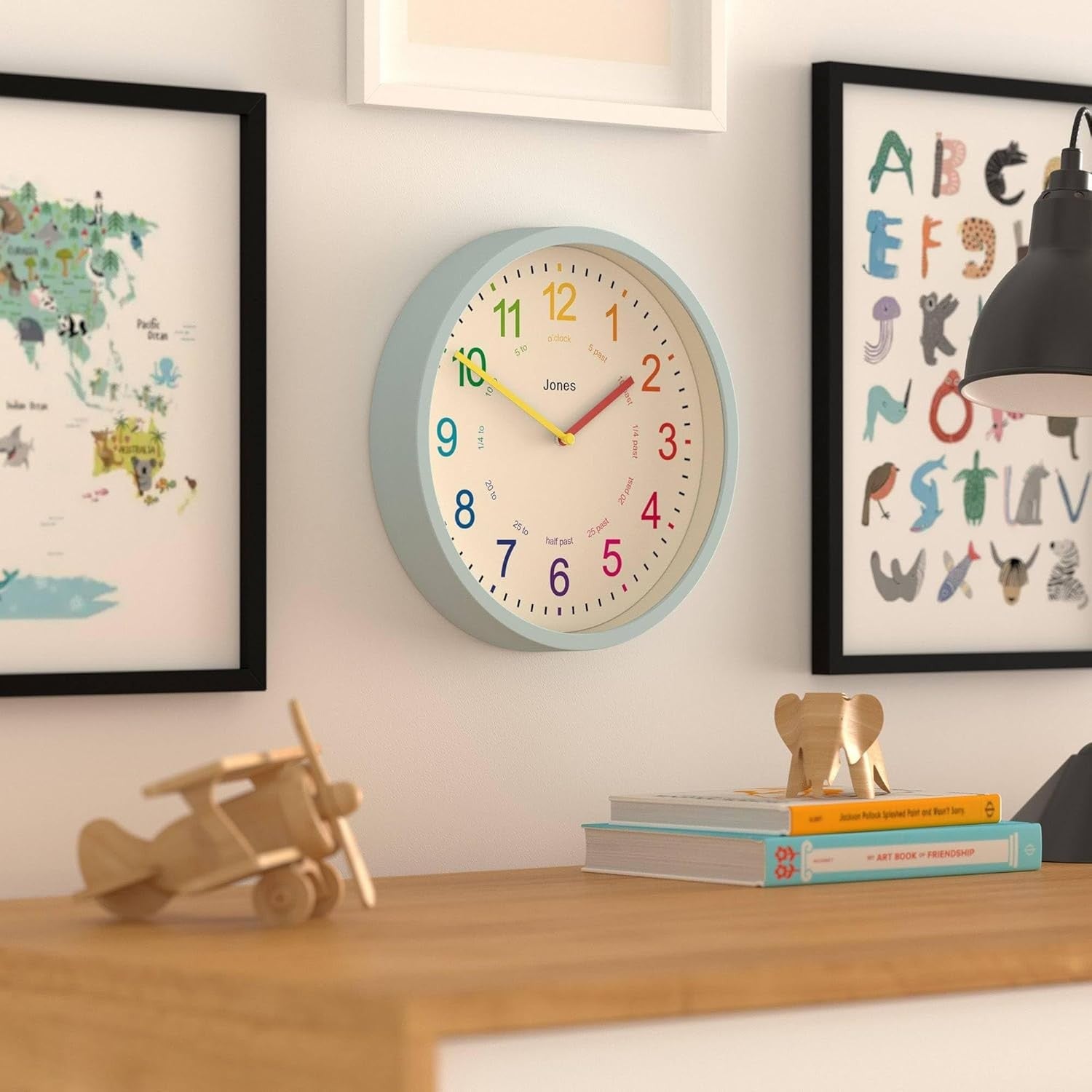 25cm Kids Wall Clock Blue – Silent Non-Ticking Colourful Numbers Learn Time