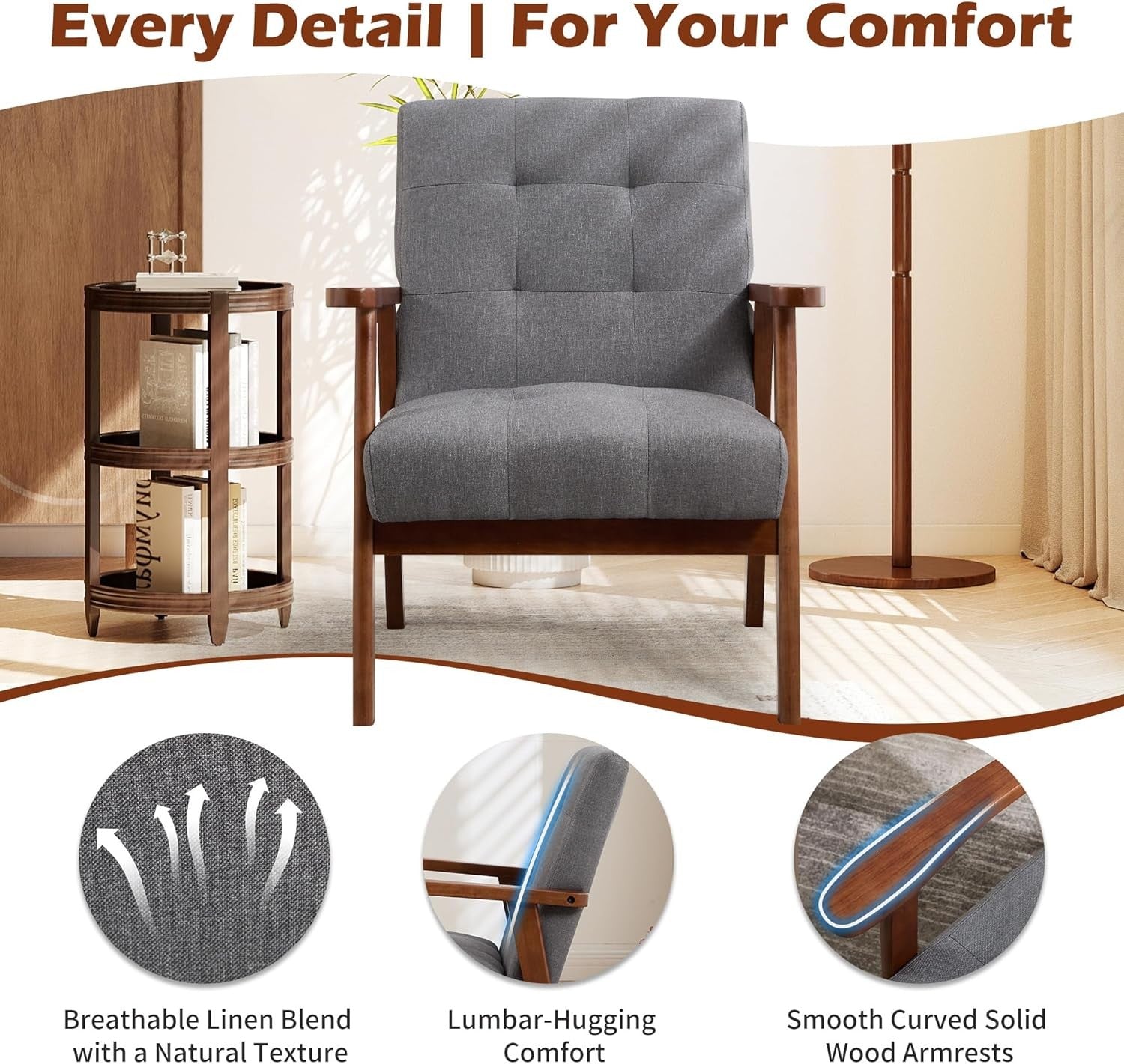 Mid‑Century Modern Linen Accent Chair – Solid Wood Lounge Armchair Light Grey