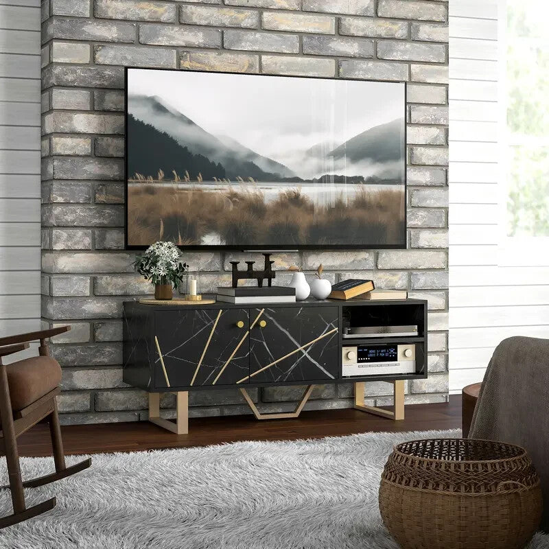 Modern Black Marble TV Unit Cabinet Stand for 50" Screen with Storage