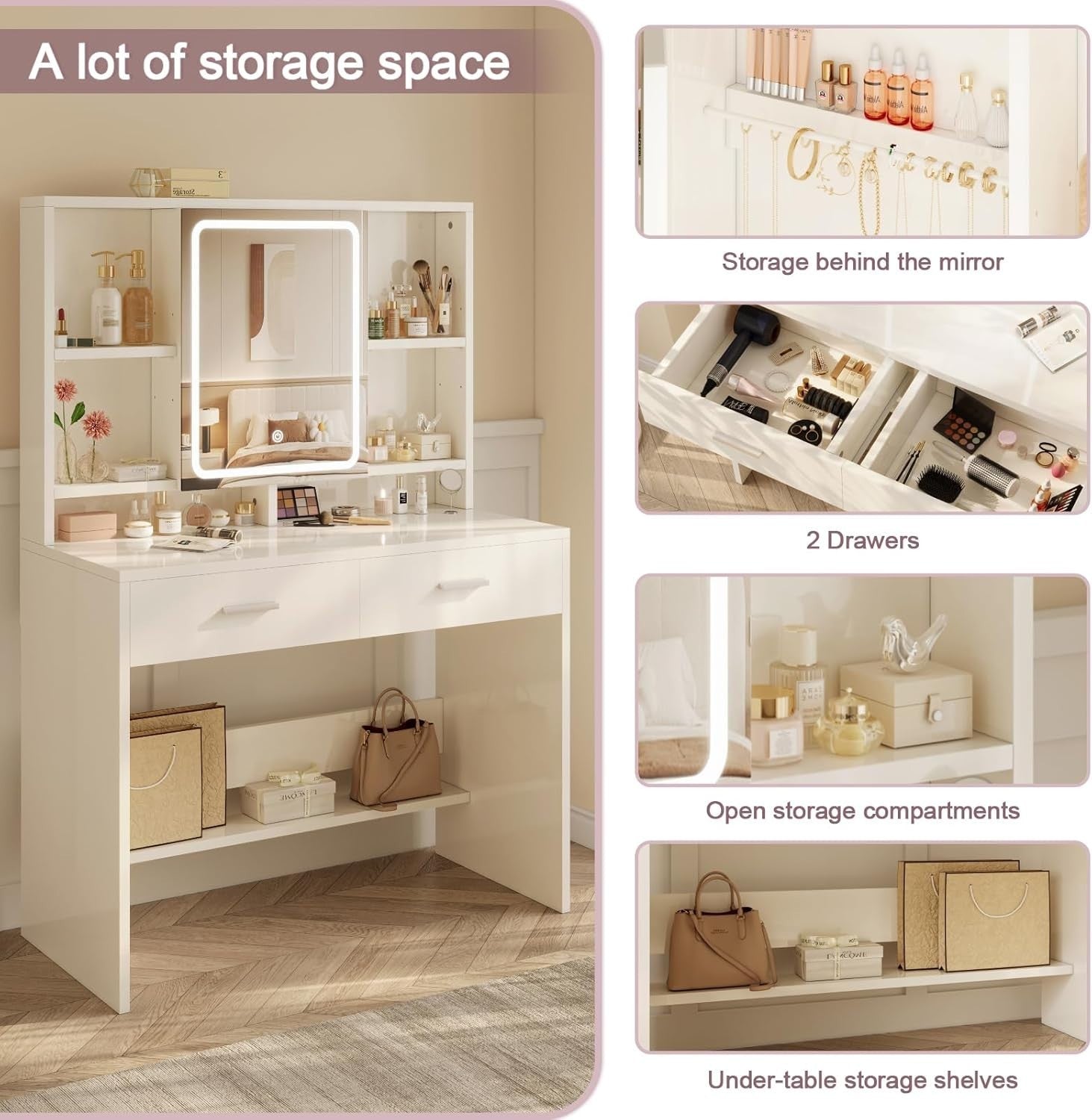 White Dressing Table Set with Lighted Mirror Desk Storage Drawers Modern Makeup