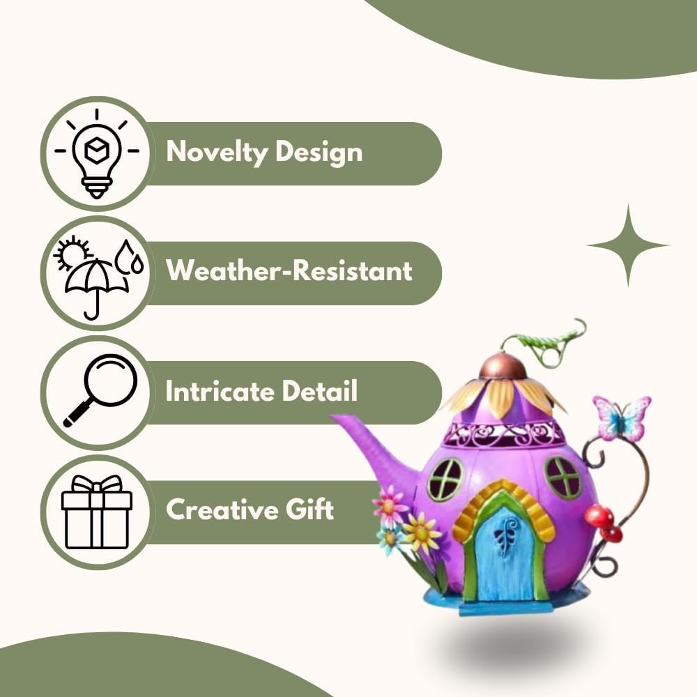 Teapot Fairy House Garden Ornament Metal Hand-Painted Weatherproof 28cm Decor
