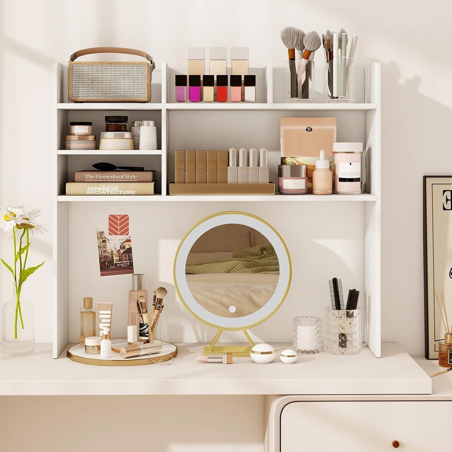 White Desktop Bookshelf Hutch 6-Shelf Monitor Storage Rack Adjustable