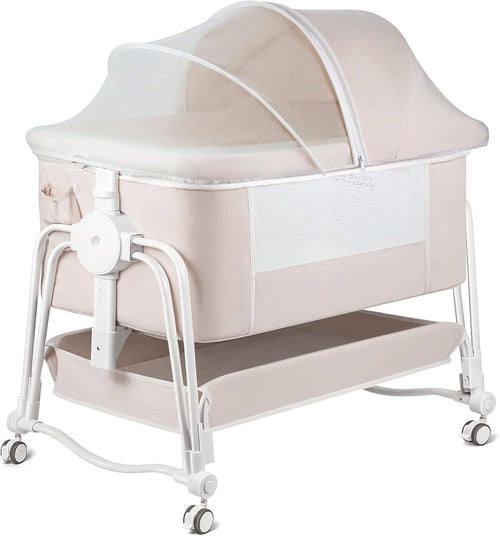 4 in 1 Baby Crib Bedside Cot with Wheels, Mosquito Net & Mattress Cream