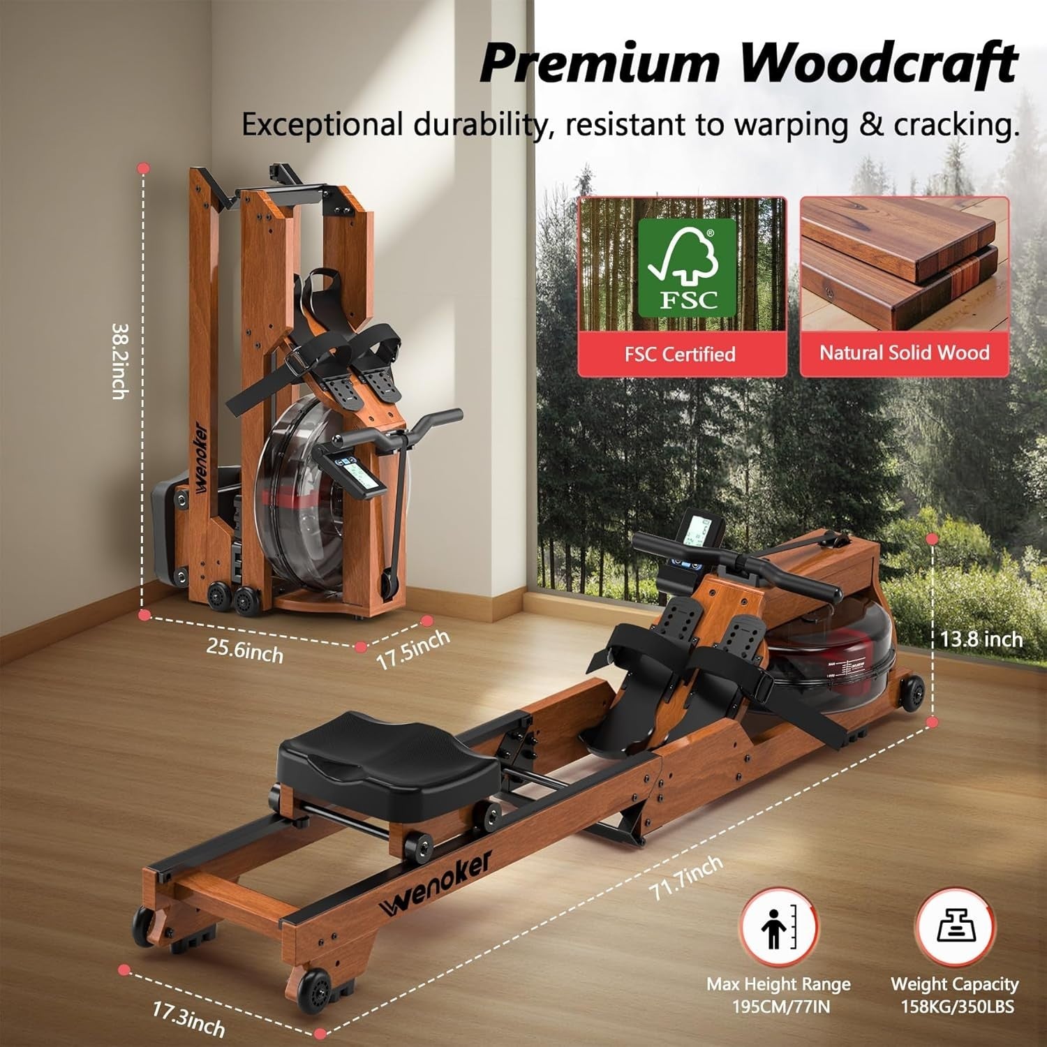 Foldable Wooden Water Rowing Machine LCD Quiet 6-Level Resistance App Home Gym