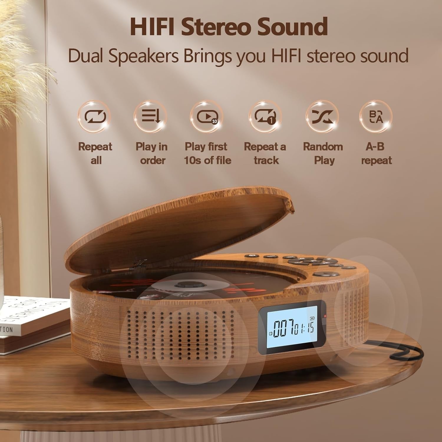 Portable CD Player Bluetooth Speaker Rechargeable FM Radio AUX USB