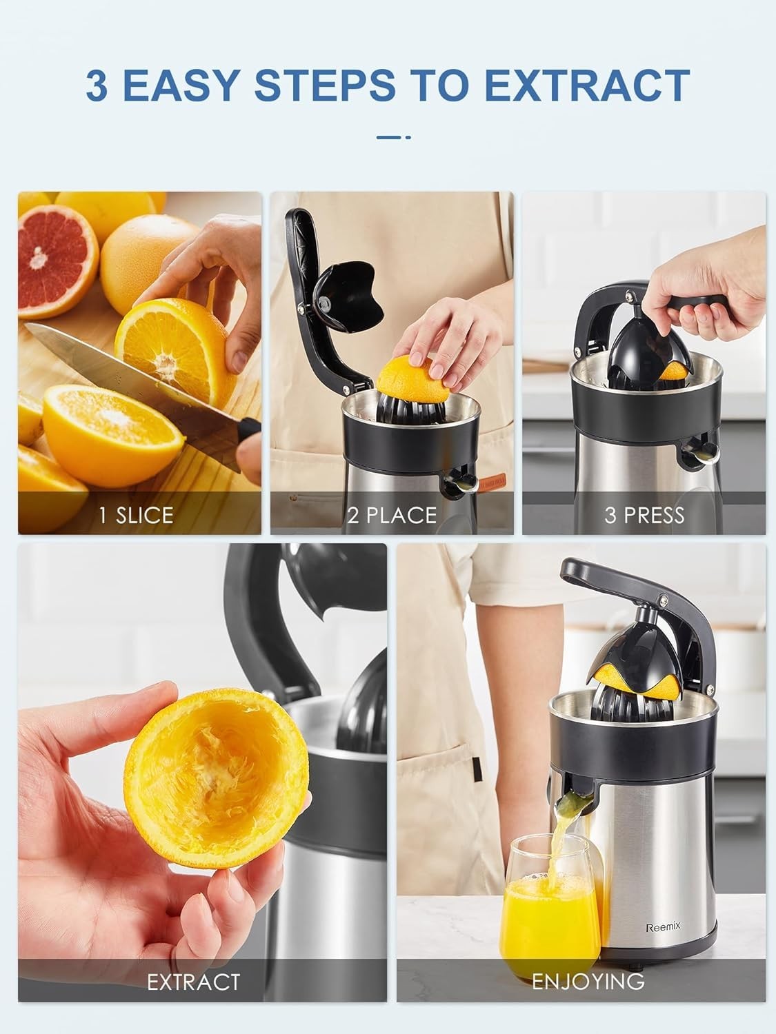 Electric Citrus Juicer Easy Press Stainless Steel Dual Cone Quiet 120V