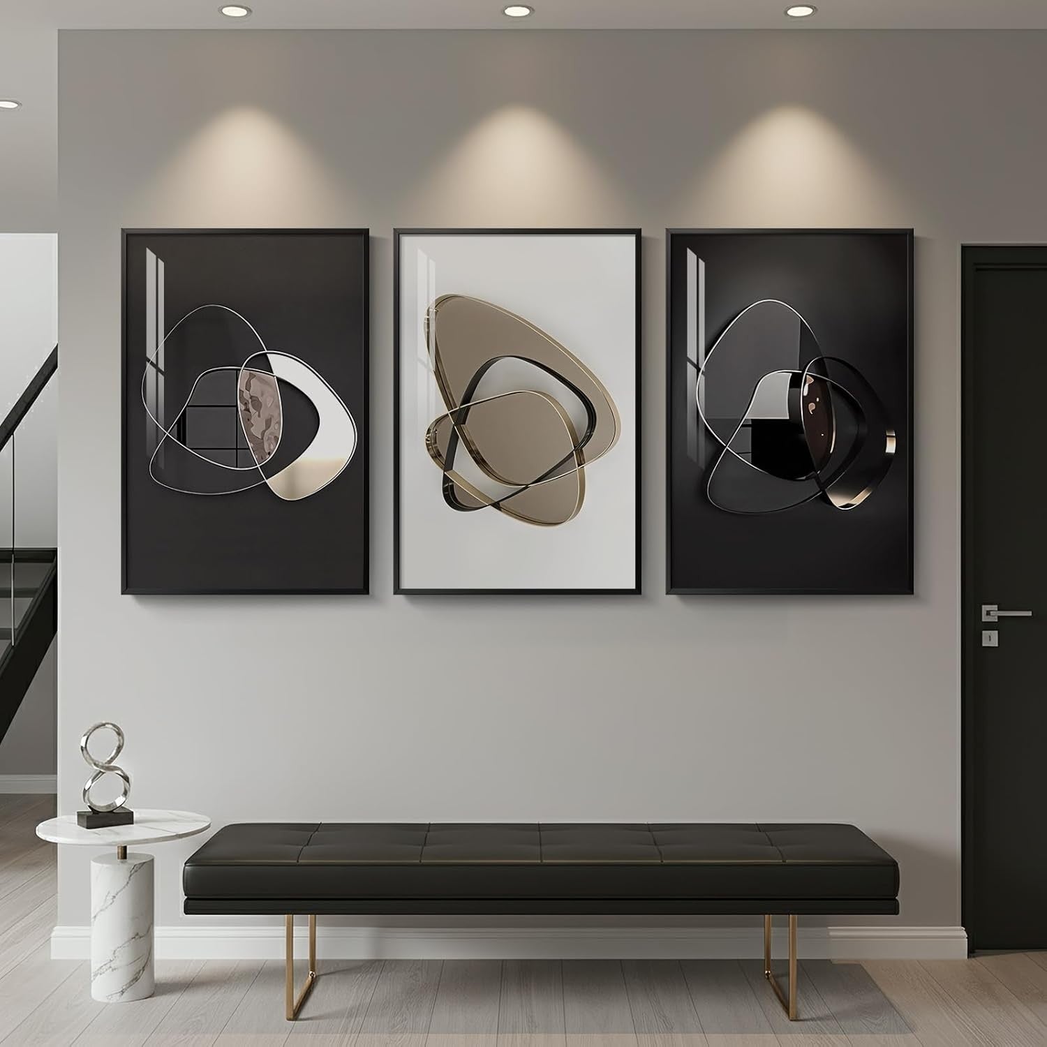 Large Framed Abstract Wall Art 3 Panel 24x36in Black Gold Metal