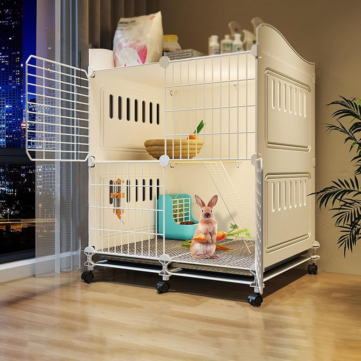 Indoor Rabbit Hutch with Wheels 2 Tier Bunny Cage Easy Clean Run Tray