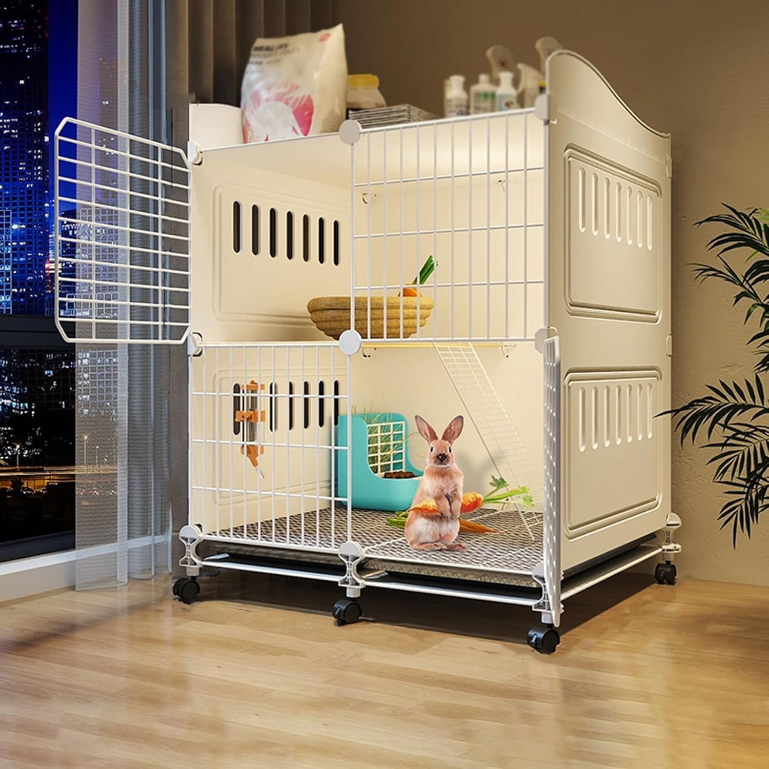 Indoor Rabbit Hutch with Wheels 2 Tier Bunny Cage Easy Clean Run Tray