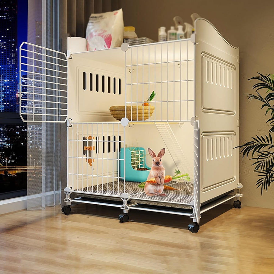Indoor Rabbit Hutch with Wheels 2 Tier Bunny Cage Easy Clean Run Tray