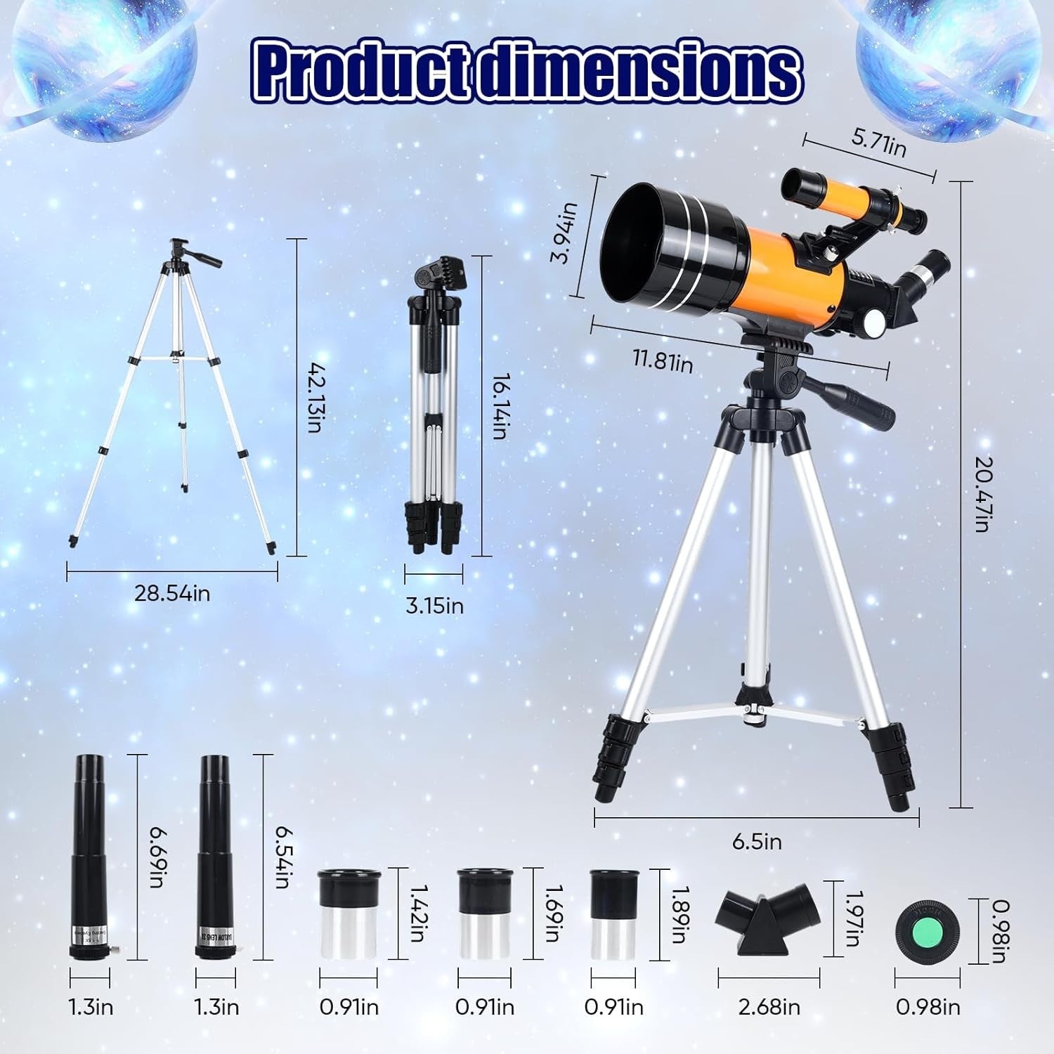 70mm Astronomy Refractor Telescope for Kids & Adults with Tripod - Yellow