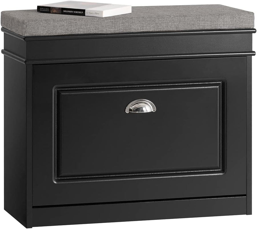 Narrow Shoe Storage Bench with Flip Drawer & Grey Cushion, 61x24x51 cm Black