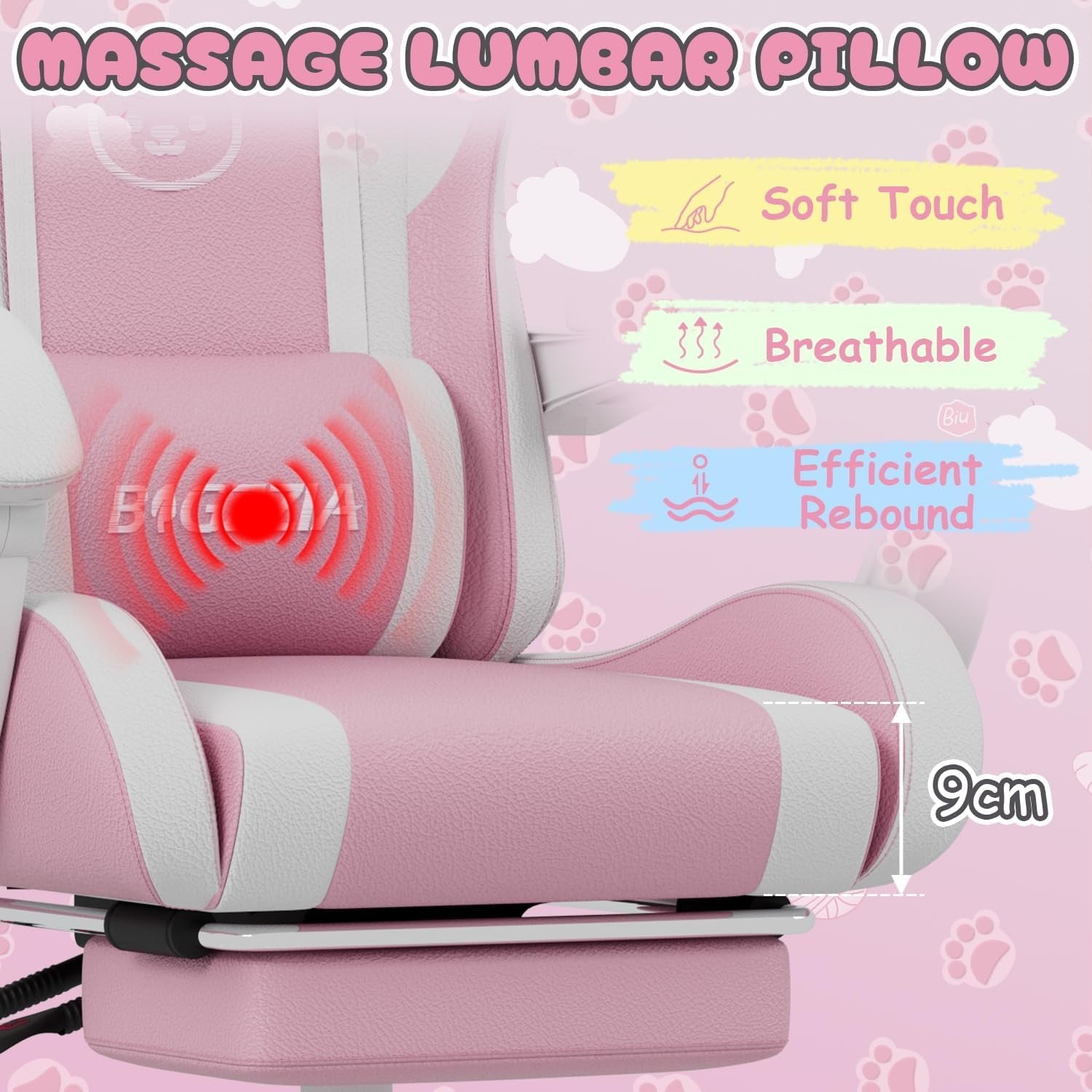 Pink Gaming Chair Cat Ears Massage Lumbar Recliner