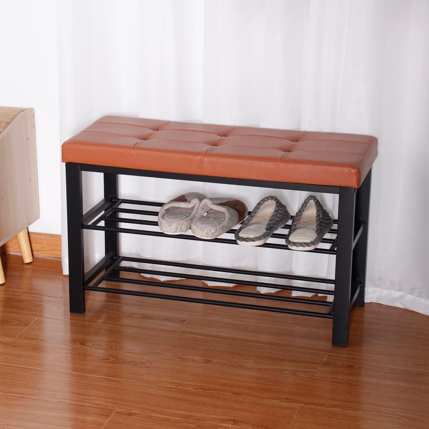 3 Tier Shoe Rack Bench with Walnut Leather Tufted Seat Storage Organiser