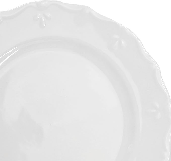 6pc White Porcelain Dinner Plates Set Embossed Rim Elegant Tableware