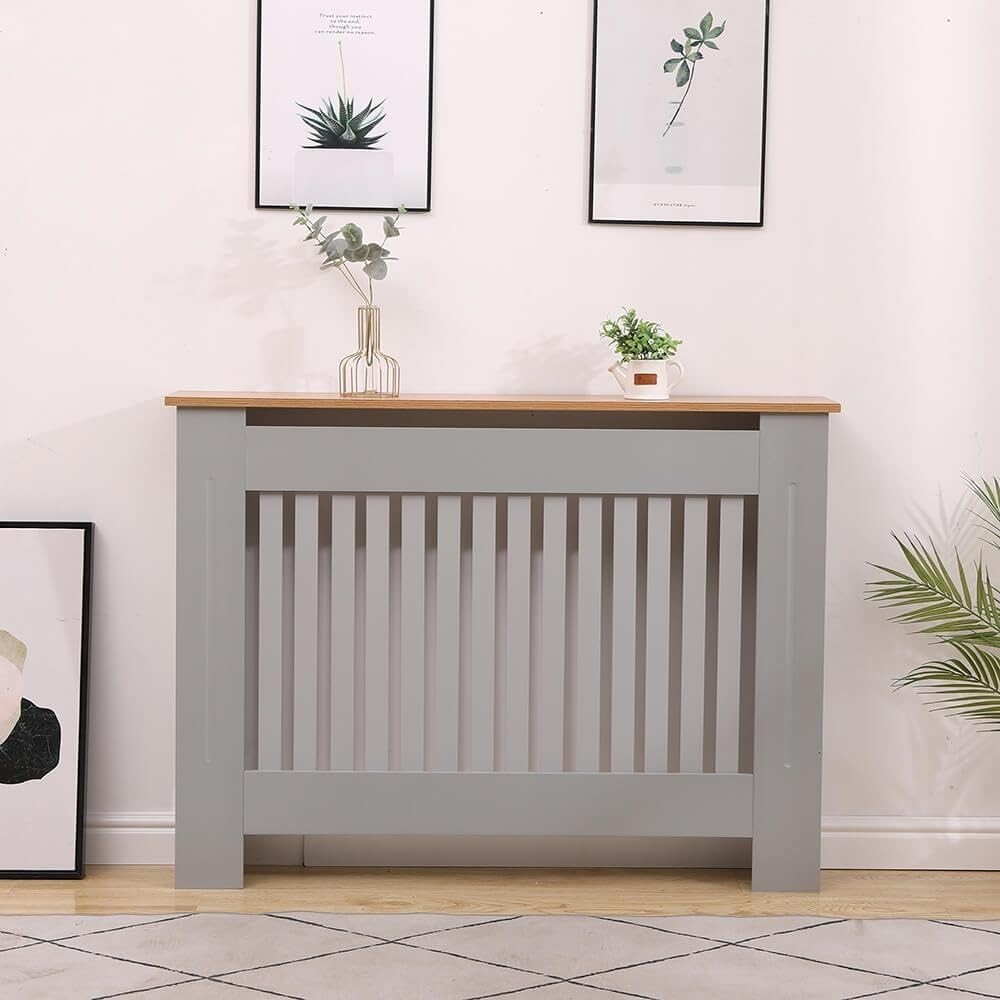 Grey Oak Radiator Cover Wooden Slatted Grill Cabinet Shelf 112x19x82cm