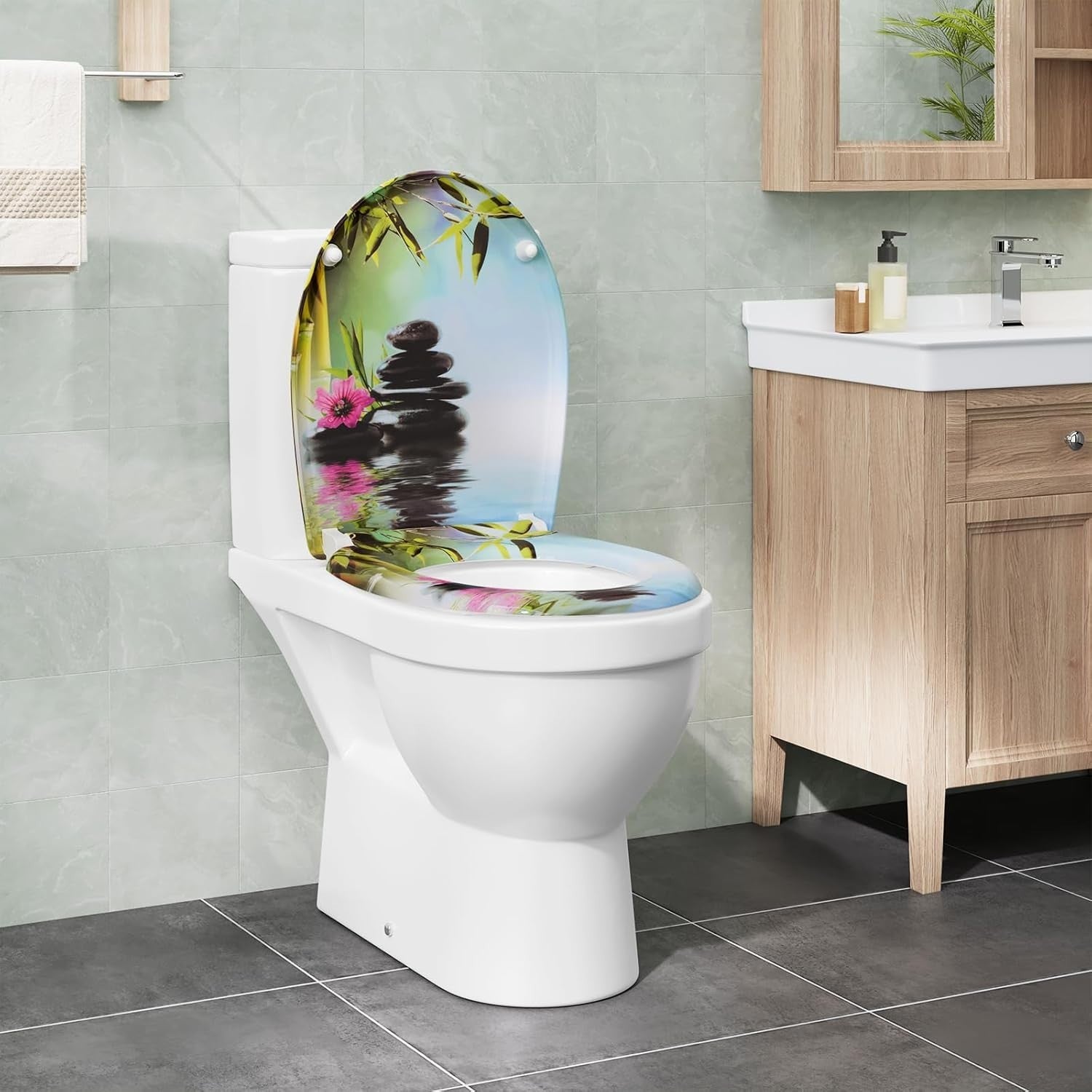 Soft Close O-Shaped Toilet Seat Quick Release Duroplast Stones & Flower Print