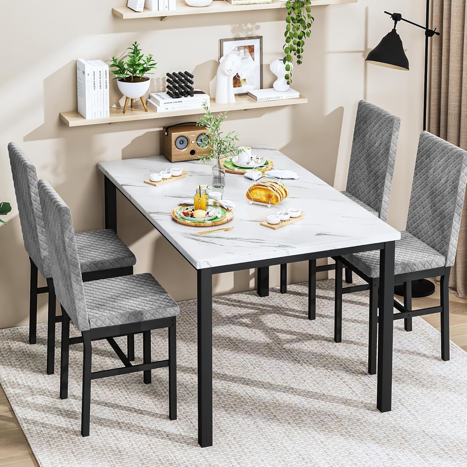4 Seater Dining Table Set Marble Effect Top & Velvet Chairs Modern Small