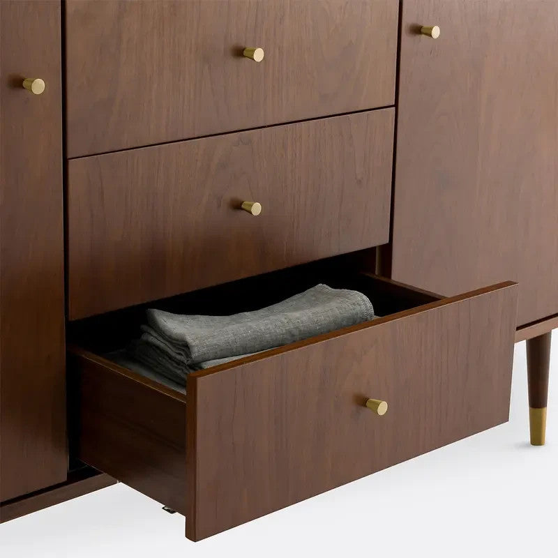 Mid Century Walnut Sideboard with Brass Legs & Storage Drawers