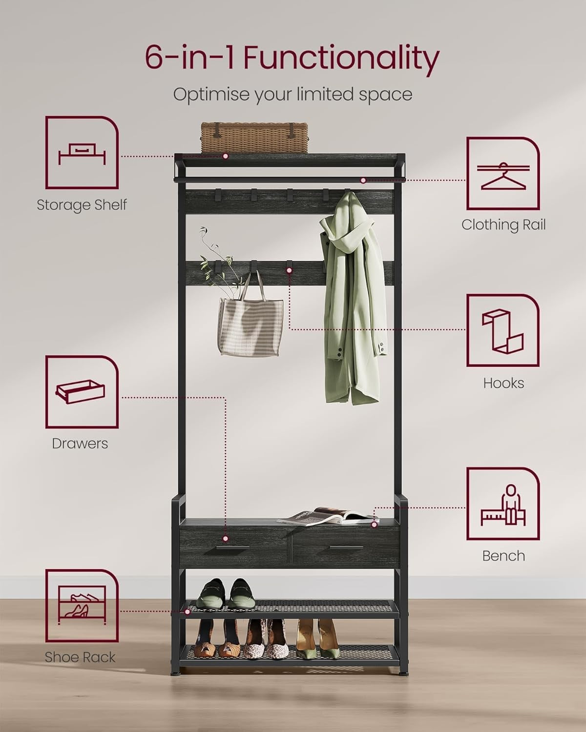 Grey Hall Tree Coat Rack with Bench & Shoe Storage 80x30x181cm
