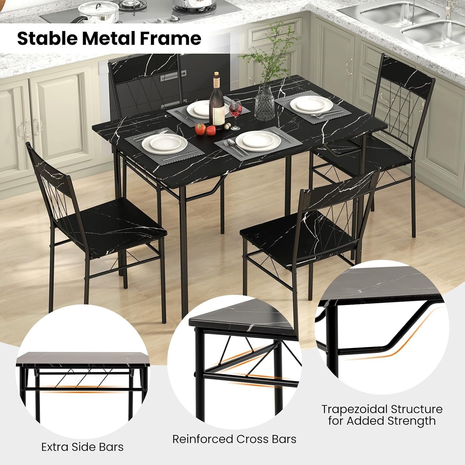 Black Marble Dining Table Set with 4 Chairs | Compact Kitchen & Living