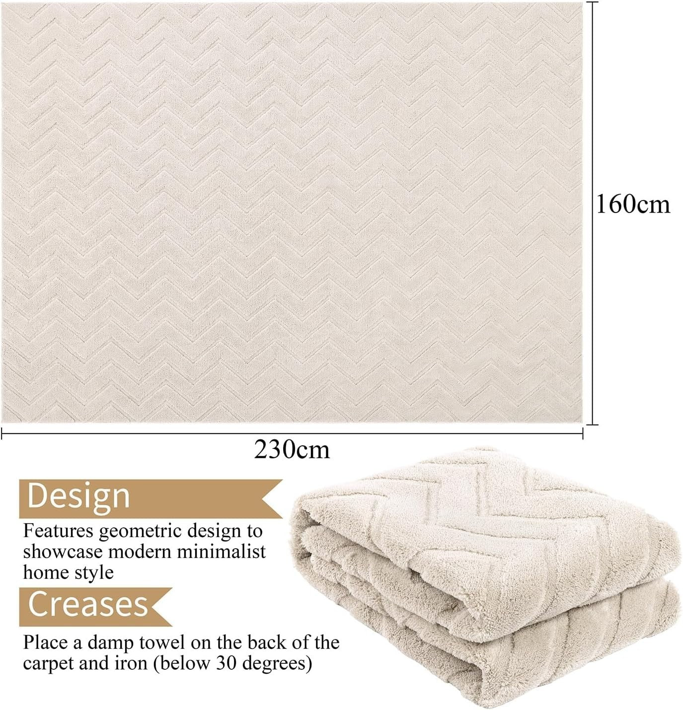 Beige Large Area Rug 160x230cm Washable Non Slip Soft Low Pile Living Room