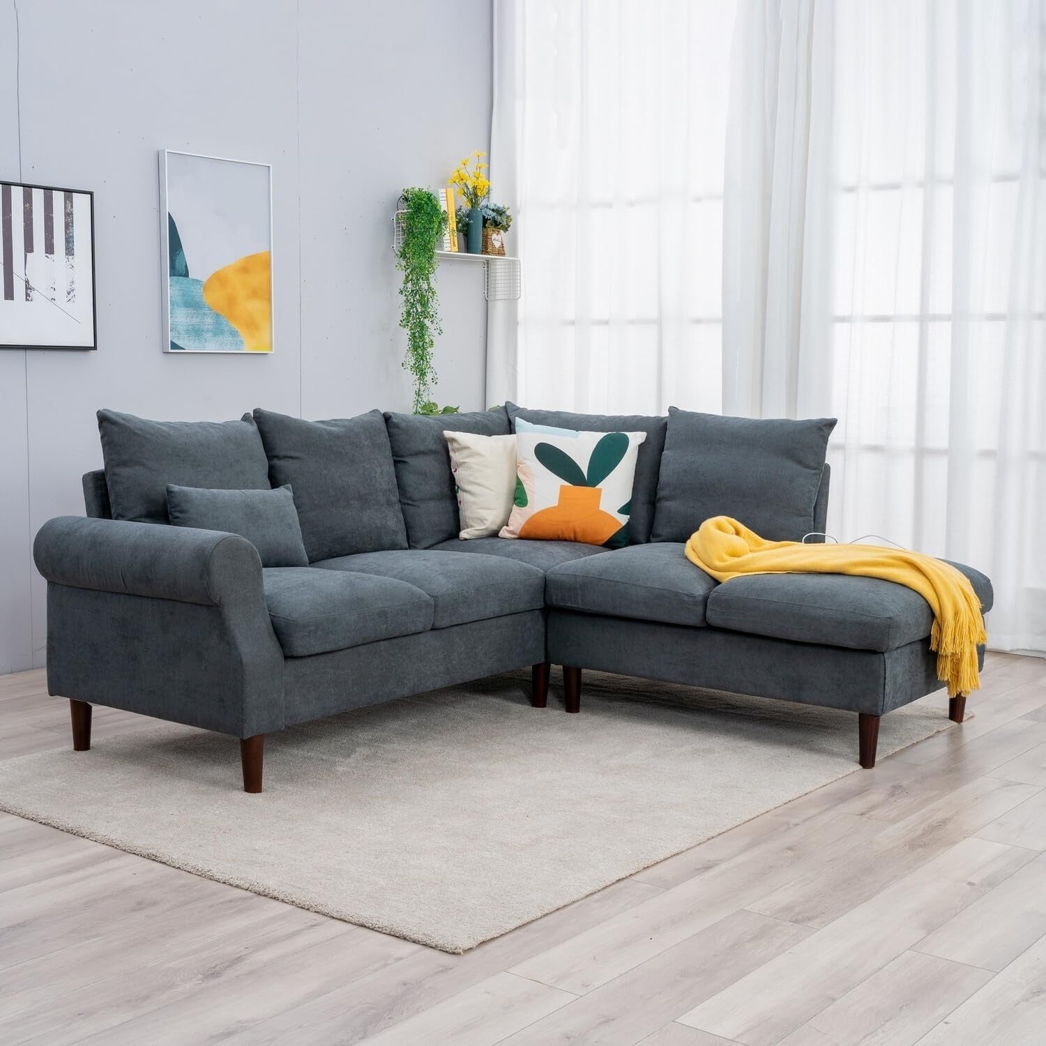 5 Seater Corner Sofa w/ Chaise & USB Port – Grey Linen, 200x195cm, Modern
