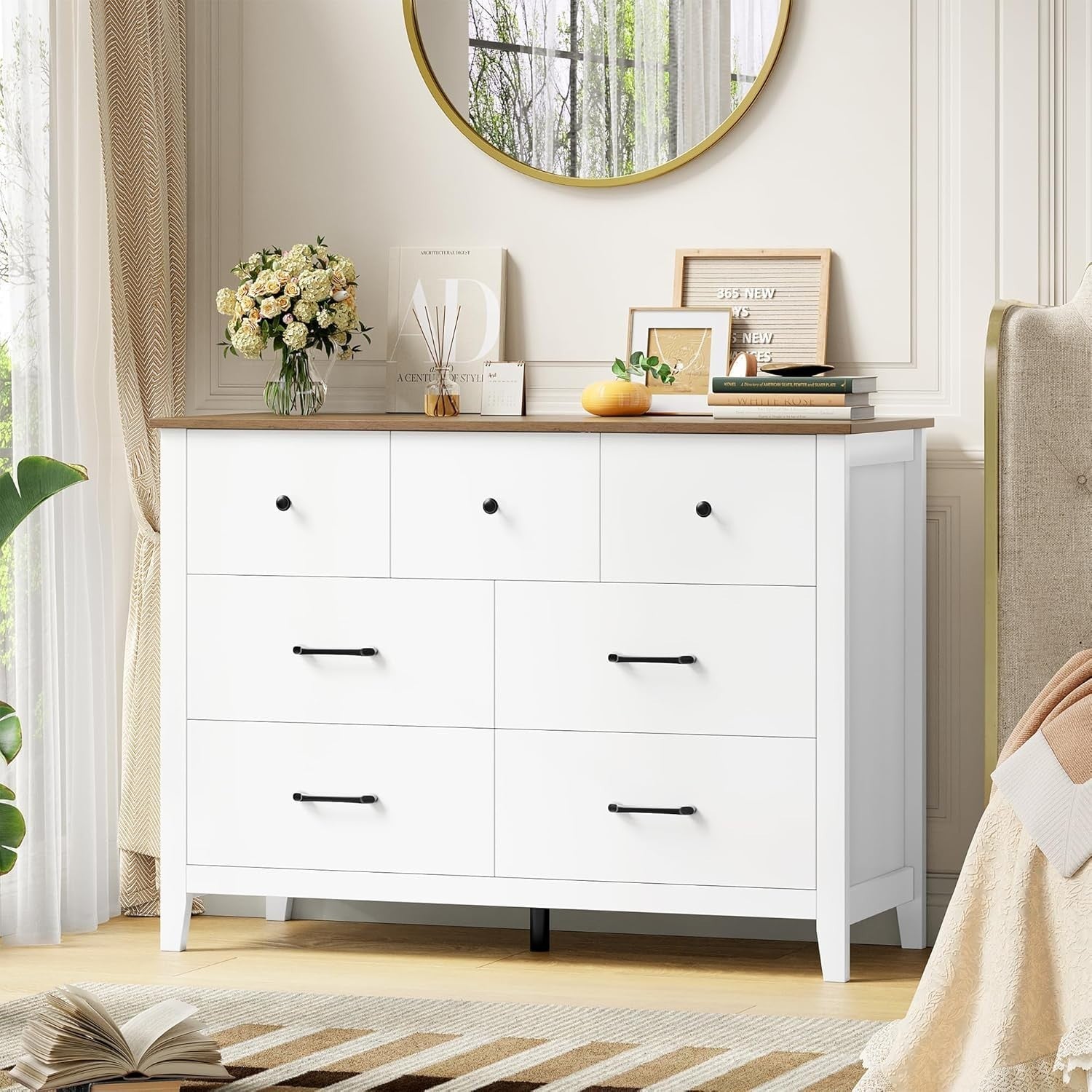 White 7 Drawer Chest with Oak Top – Modern Storage Cabinet for Bedroom & Hall