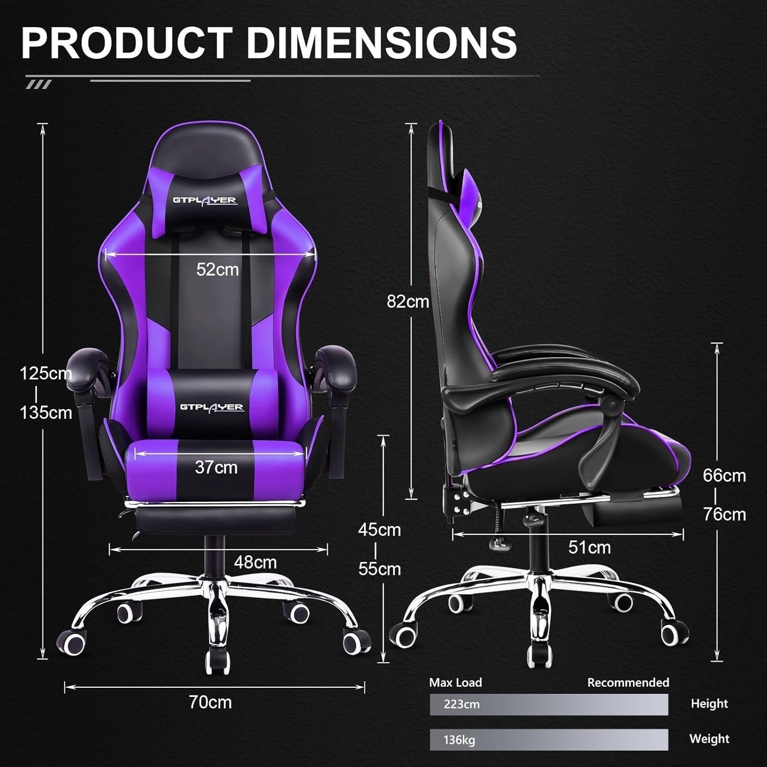Gaming Chair Ergonomic Purple Reclining Racing Style Footrest Massage Lumbar Sup