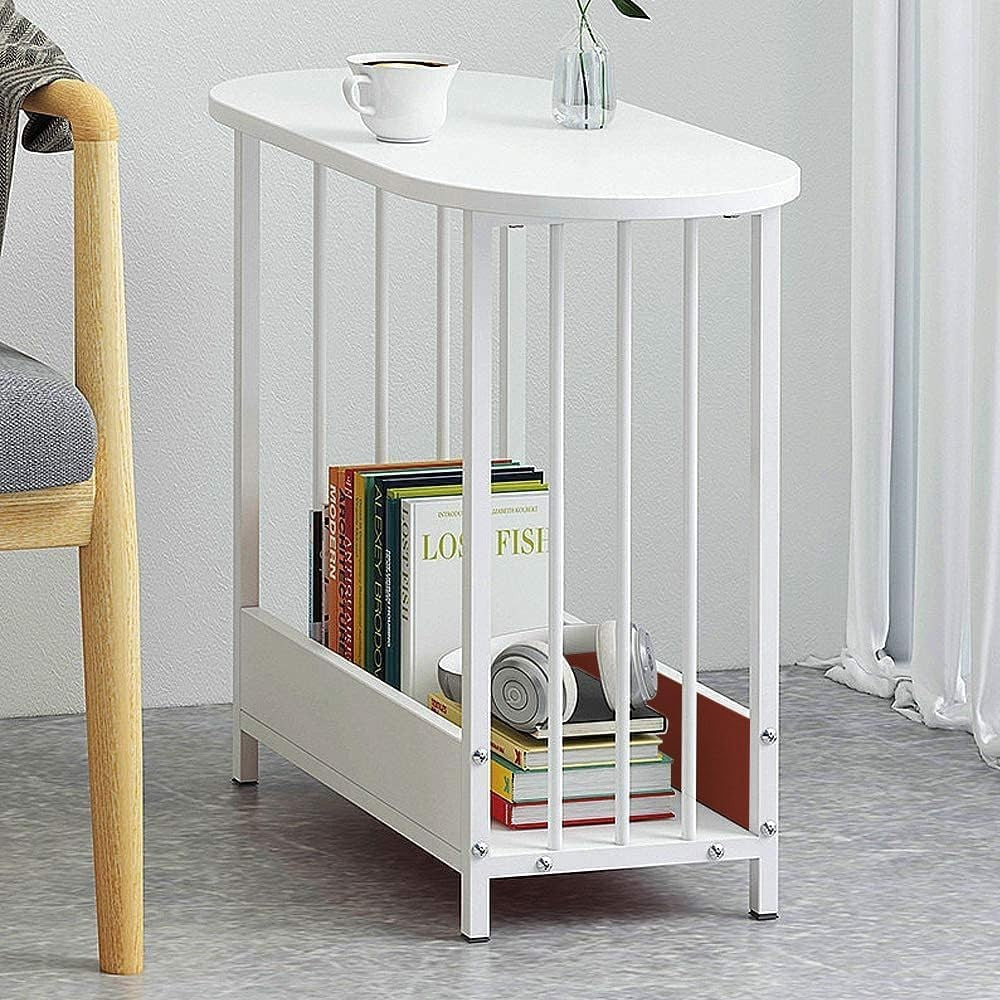 Slim Oval Side Table with Storage, Modern Small End Table for Living Room