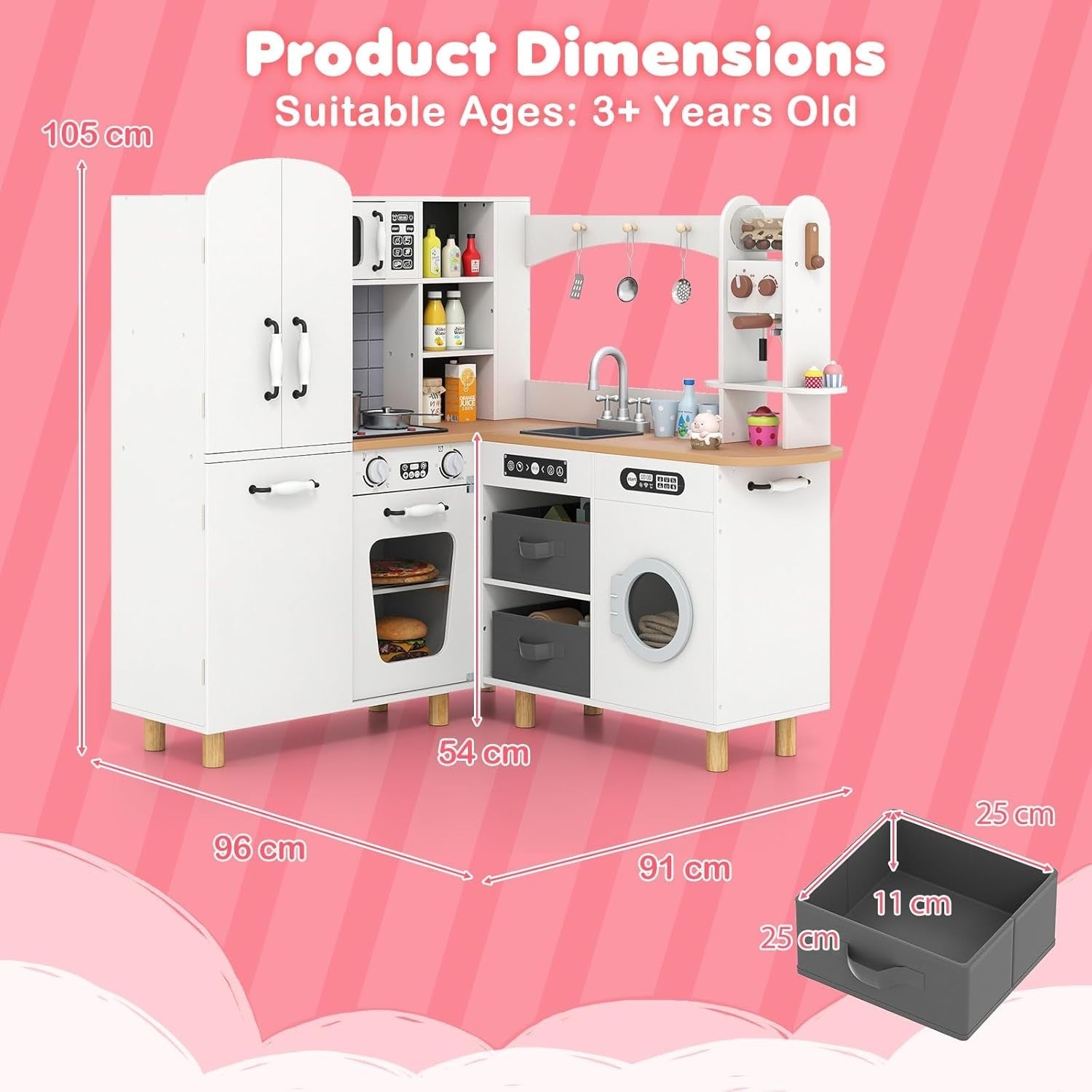 Corner Kids Play Kitchen White w/ Fridge Washer Coffee Maker Set