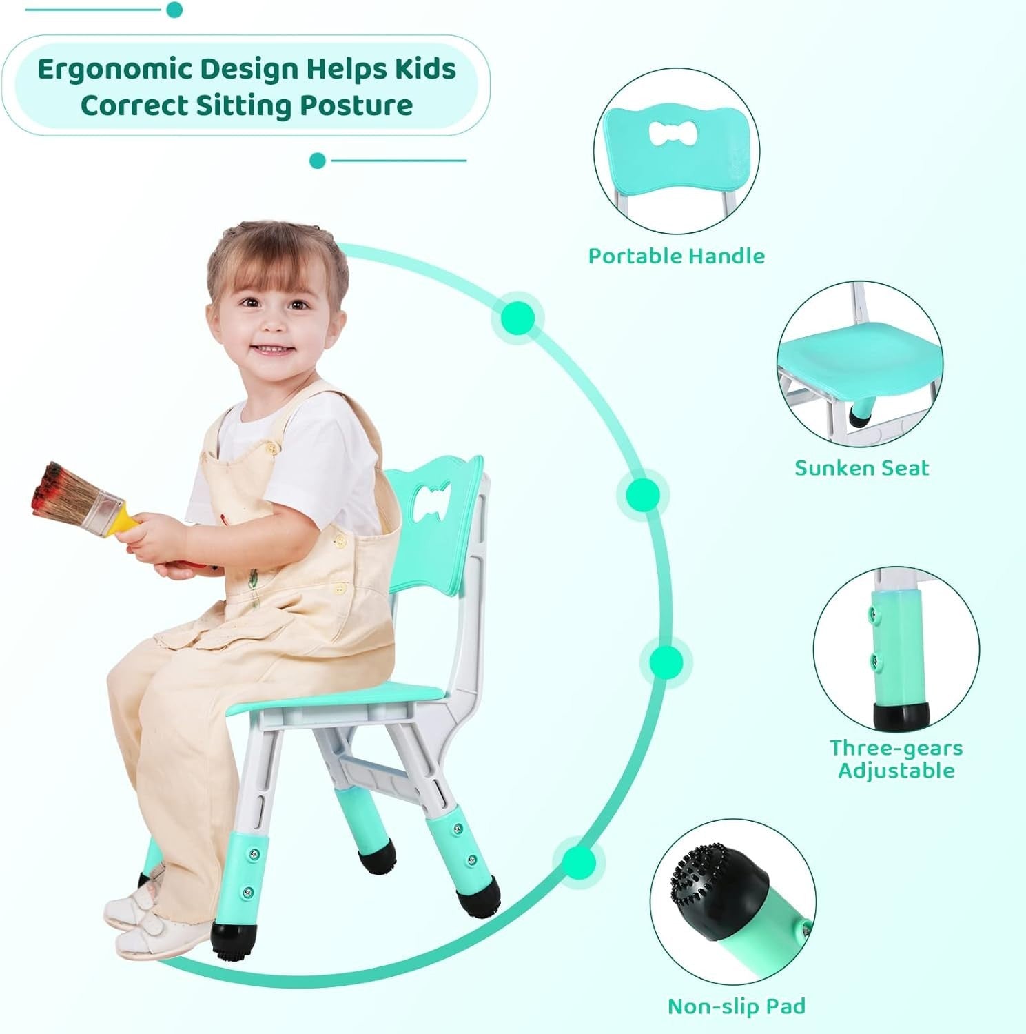 Height Adjustable Kids Table & 4 Chairs Set, Safe Plastic, 120x60cm Green