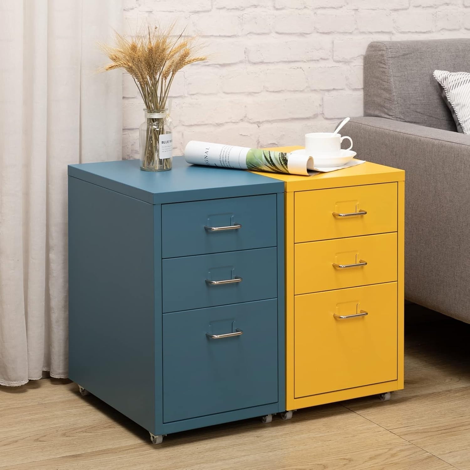 Dark Blue Metal Rolling Drawer Unit 3 Tier Under Desk Storage