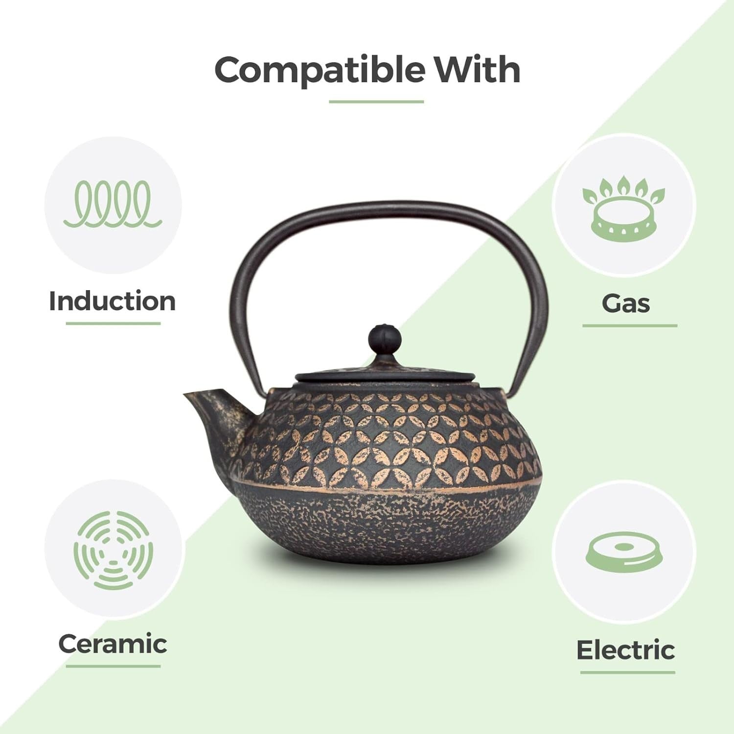 Cast Iron Teapot 900ml Tea Pot w/ Stainless Steel Infuser Black Gold