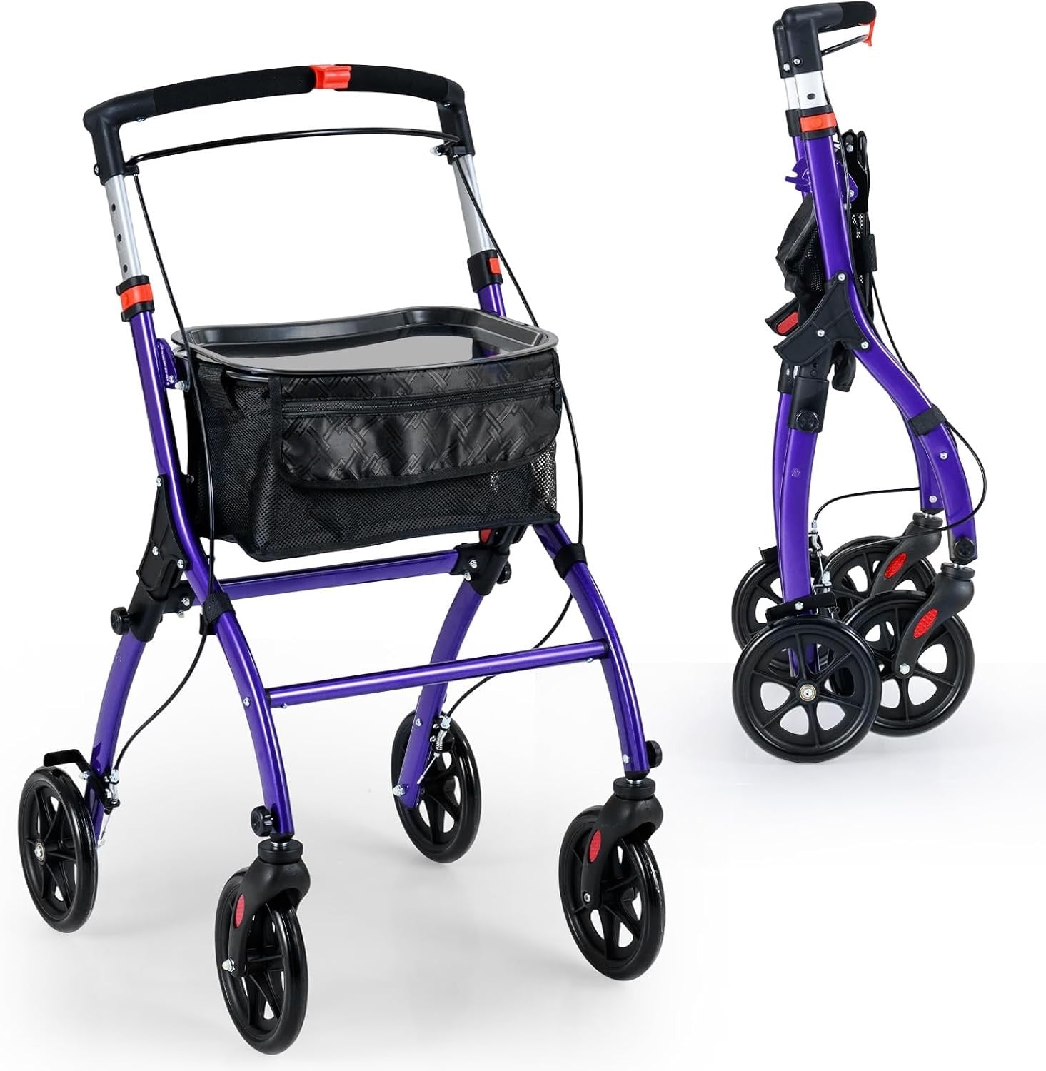 Lightweight Folding Rollator Walker 4 Wheel Basket Brakes Narrow Purple
