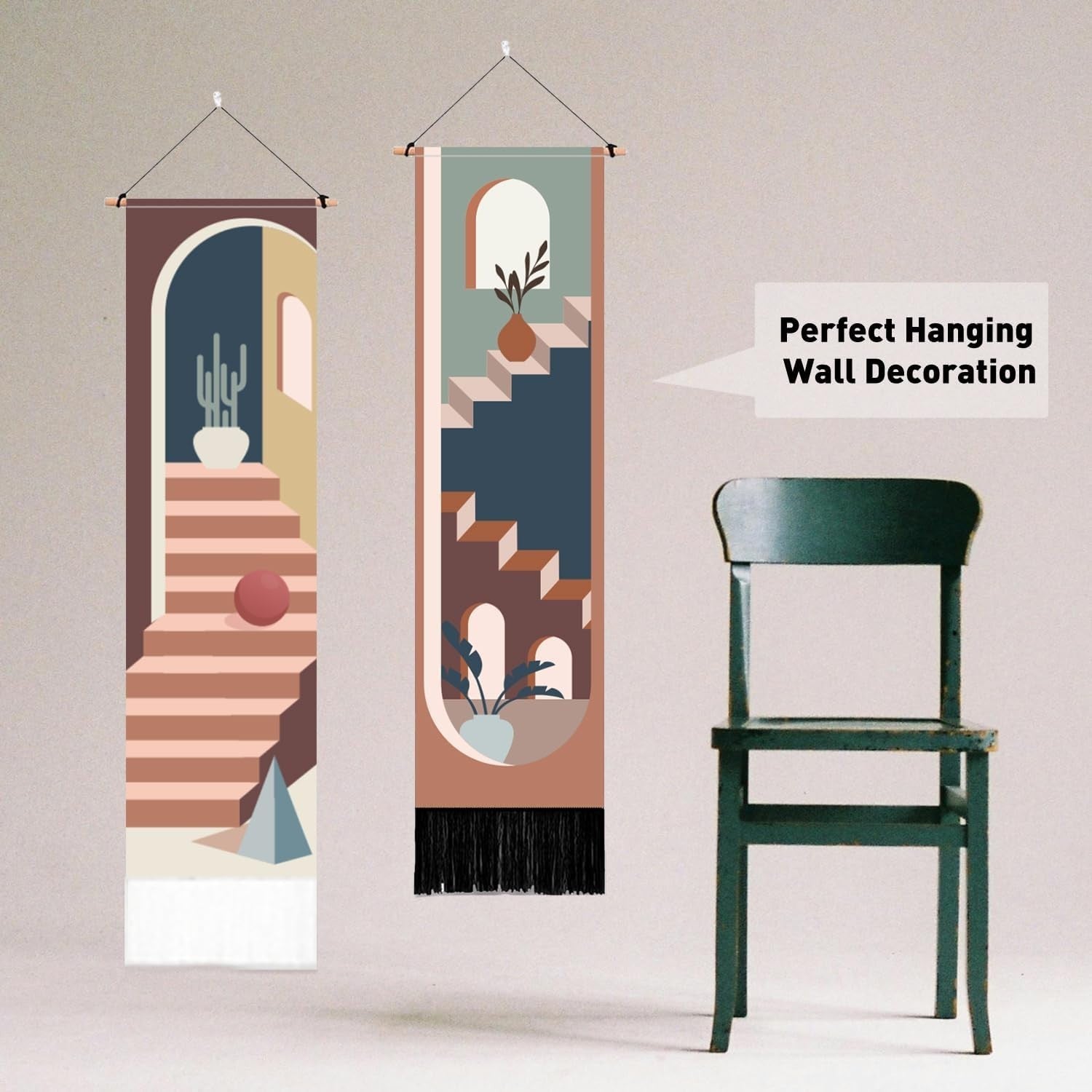 2 Pack Boho Vertical Wall Tapestry Abstract Stairs Decor