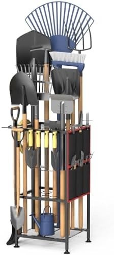 Corner Garden Tool Organizer Metal Rack with Side Pouch for Rakes Shovels