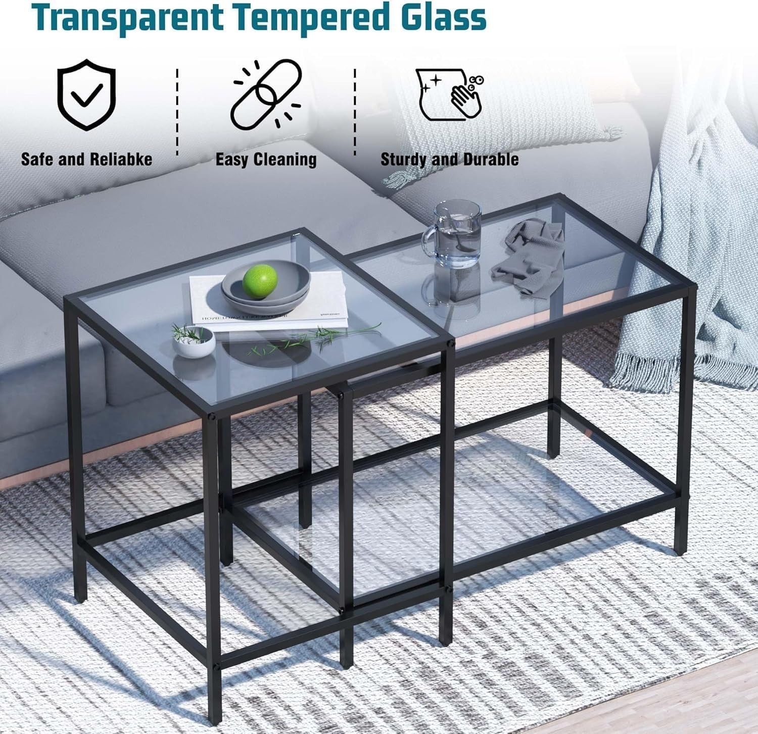 Modern Nesting Coffee End Table Set Glass Top Black Iron Frame Rectangular