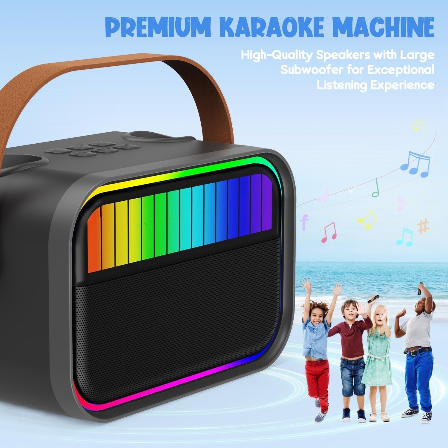 Kids Karaoke Machine 2 Mics Bluetooth LED Party Speaker Black