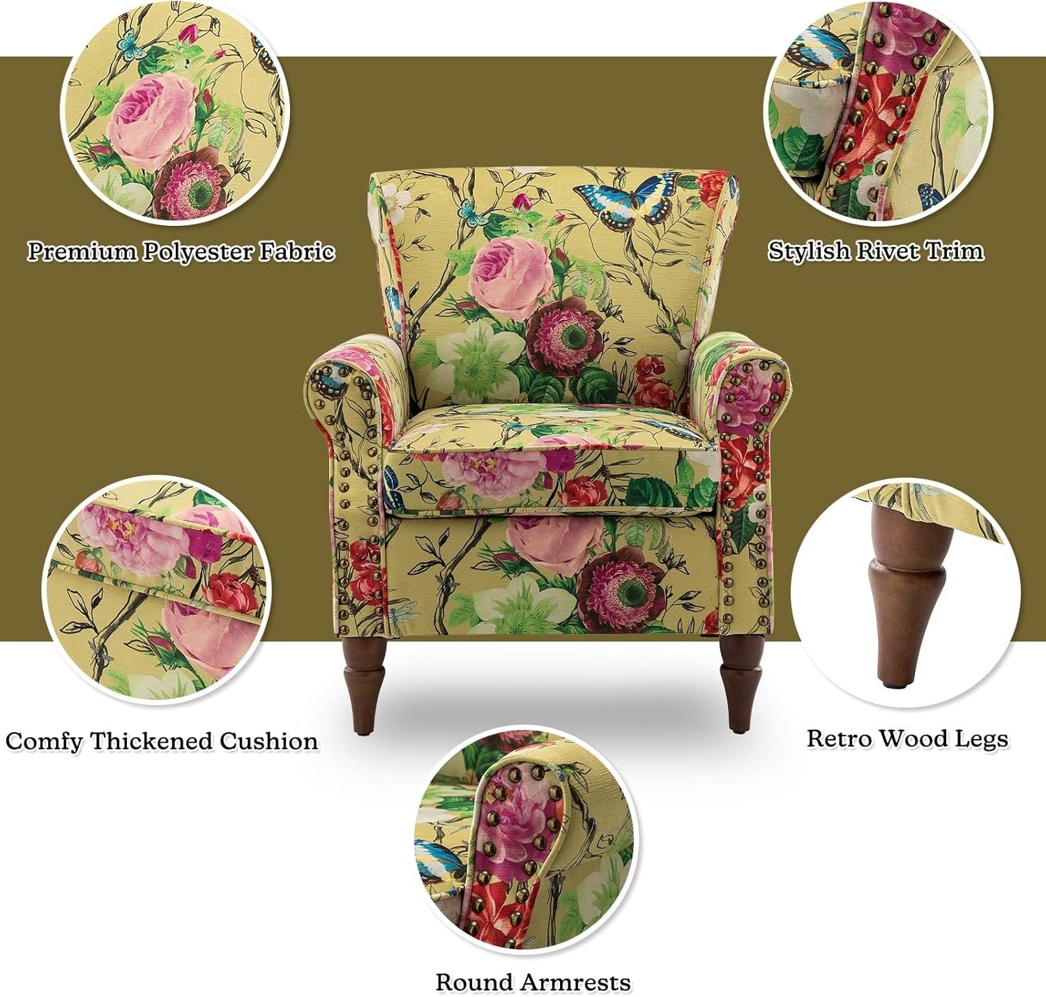 Floral Velvet Wingback Armchair Yellow Accent Chair for Living Room