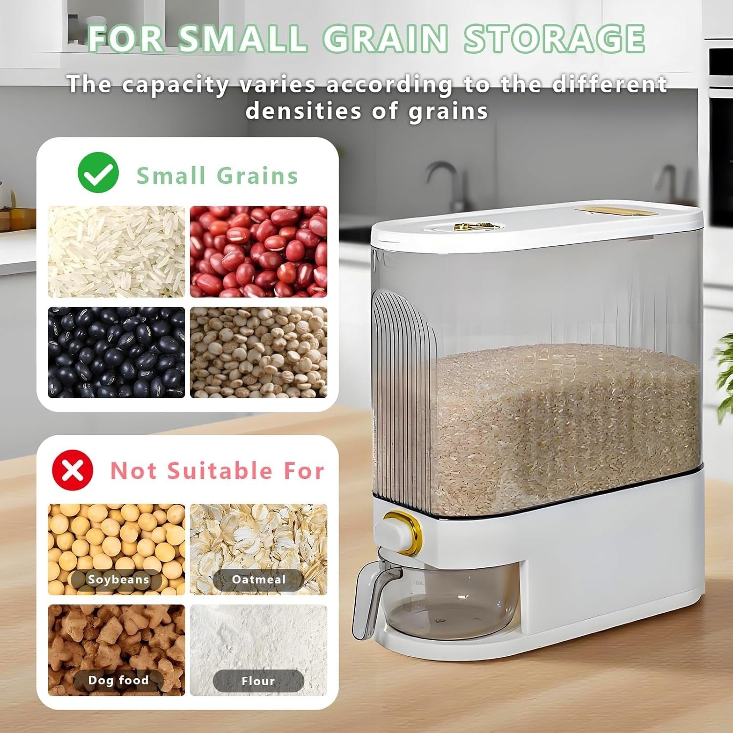 10KG Rice Storage Container Clear Grain Dispenser with Date Dial Cup