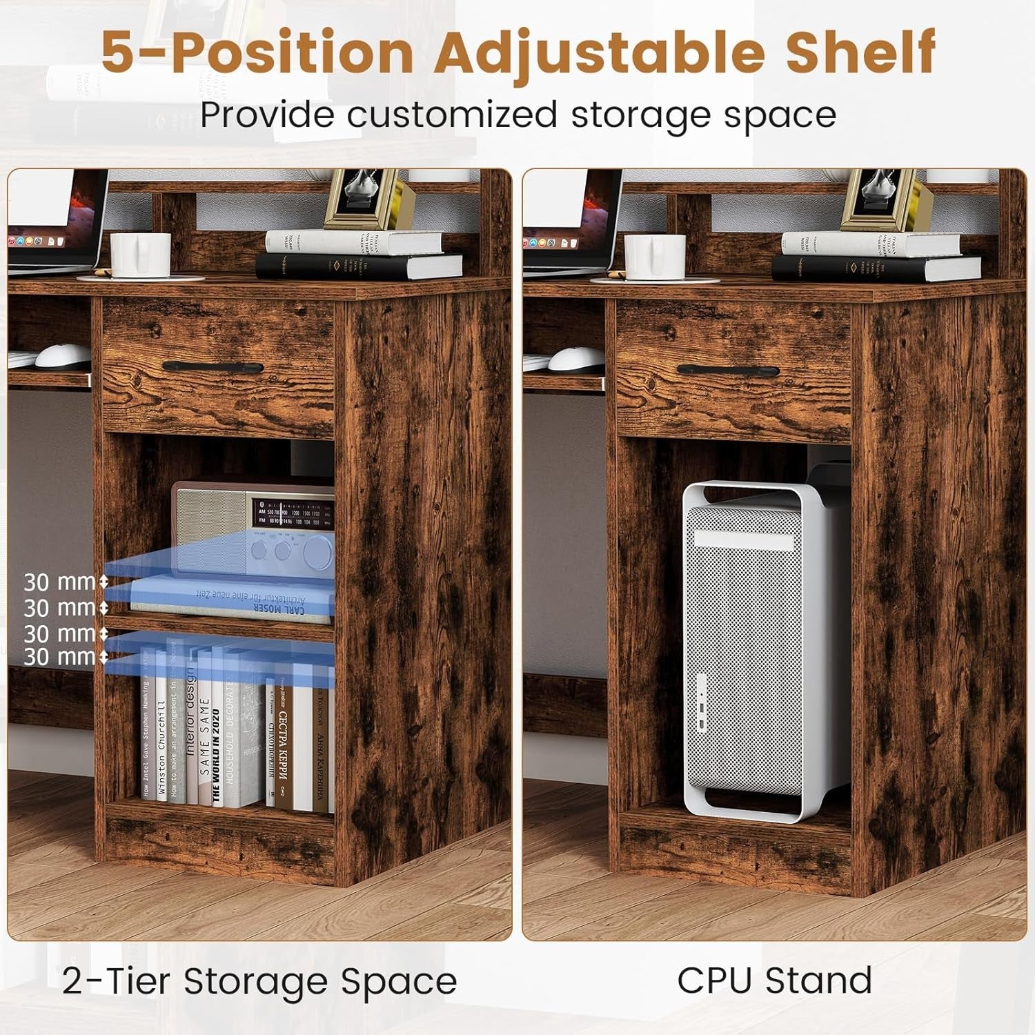 Rustic Brown Computer Desk with Storage Shelves Drawer Keyboard Tray