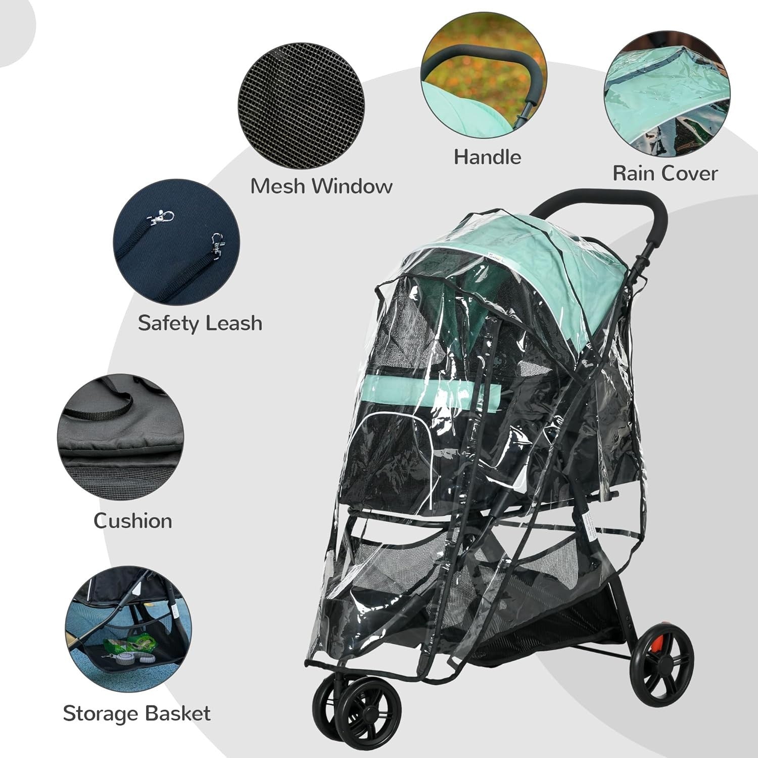 Green 3 Wheel Dog Pushchair Foldable Pet Pram with Rain Cover