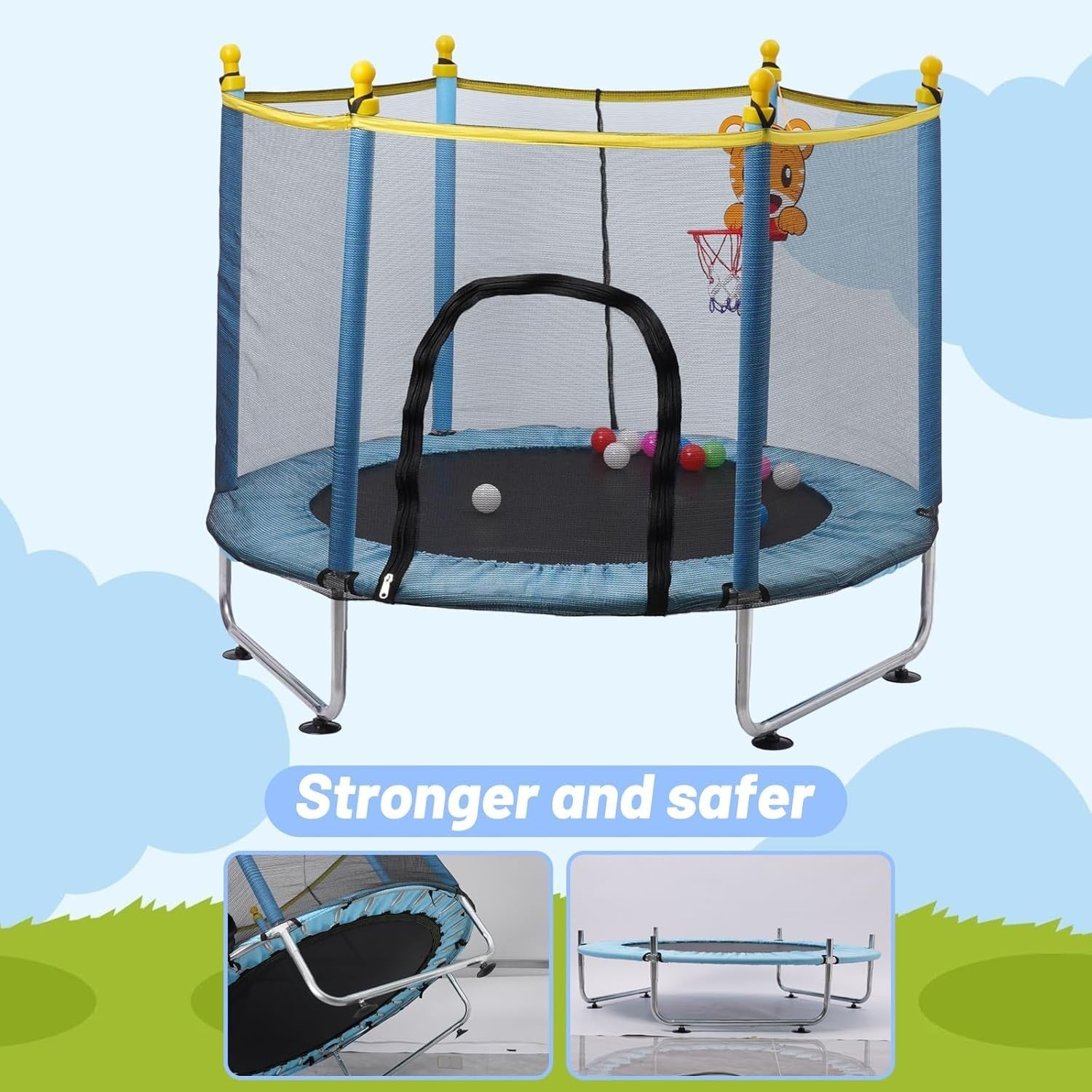 Kids Indoor Outdoor Trampoline with Safety Net & Basketball Hoop 55in
