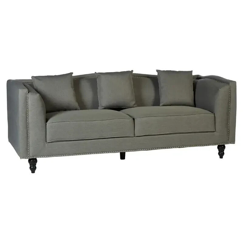 Modern Grey 3 Seater Fabric Sofa with Stud Detail & Wood Legs 300kg Max