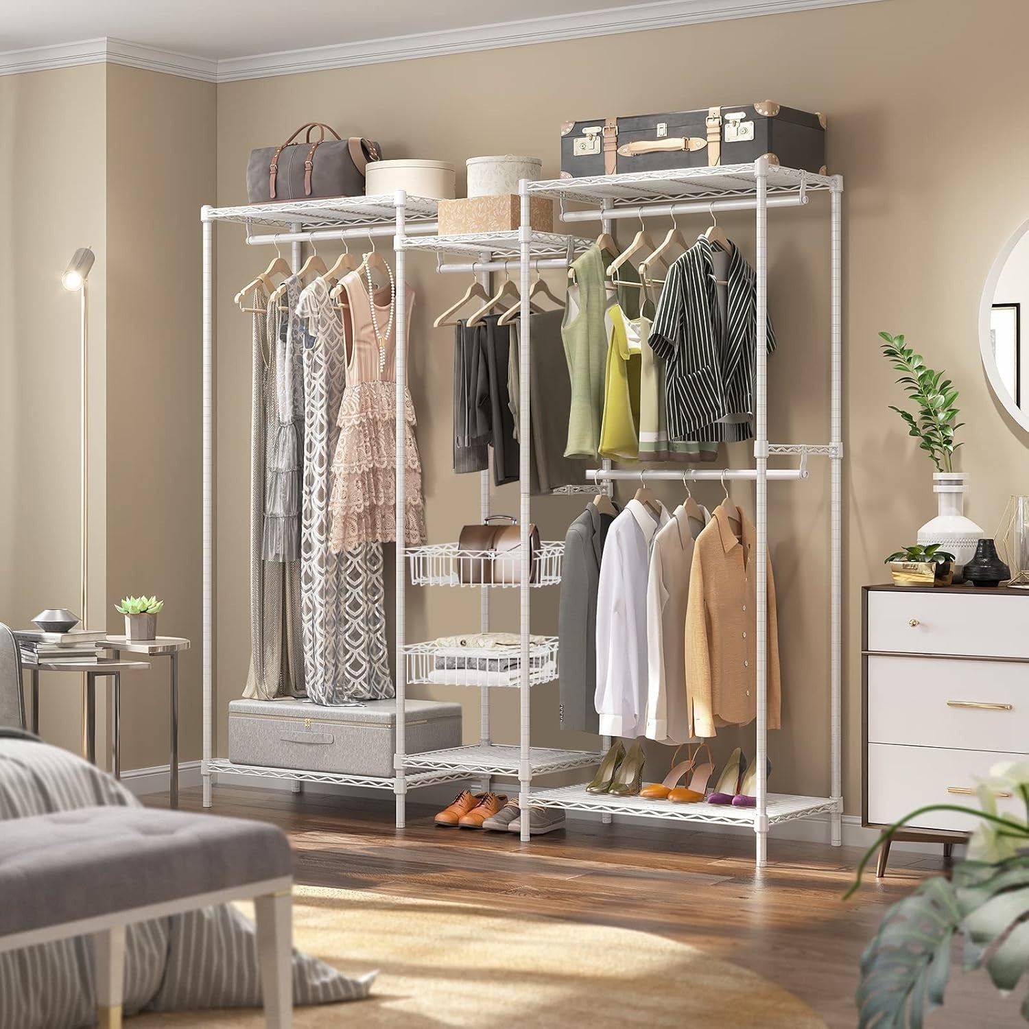 Heavy Duty Clothes Rail White with Shelves & Baskets 320kg