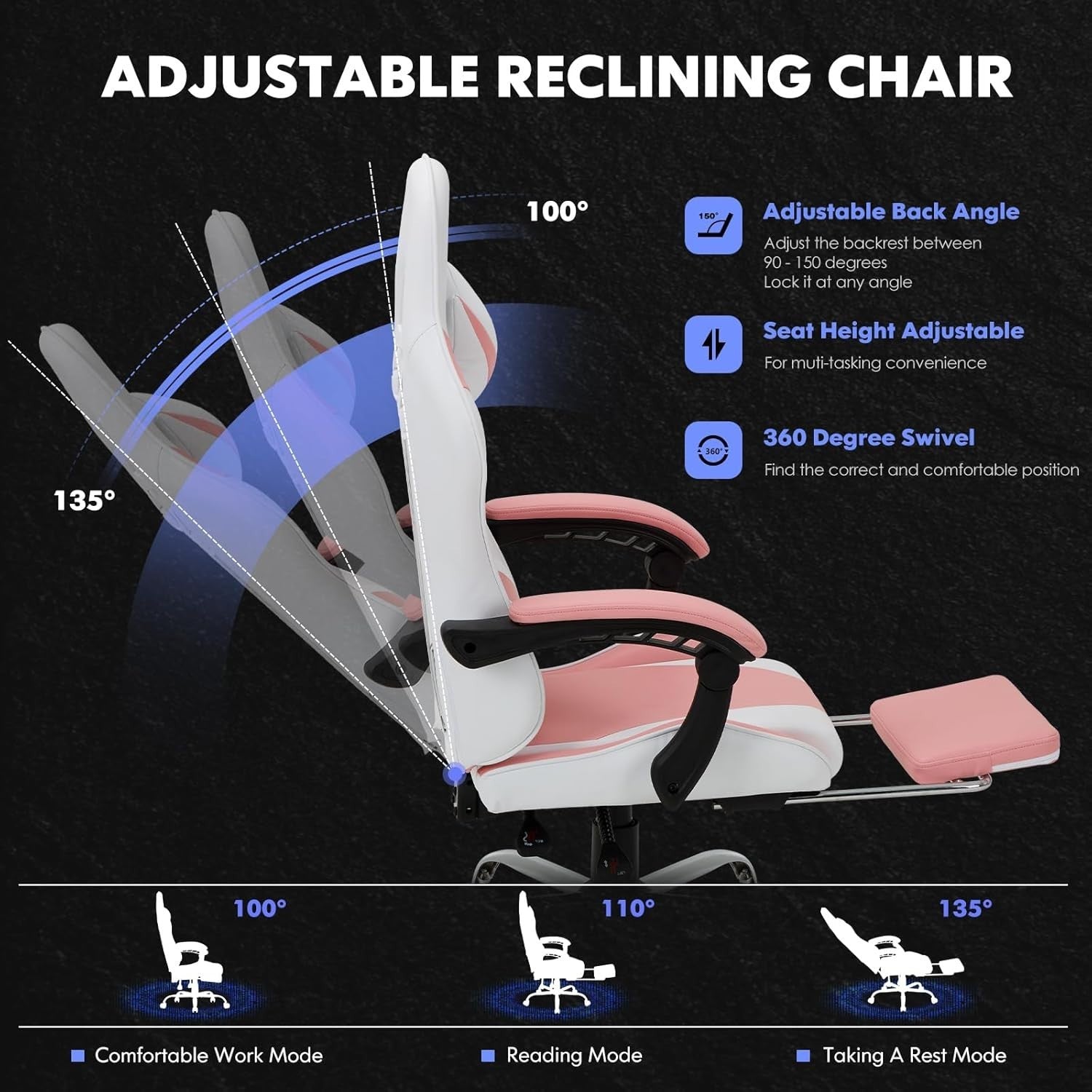 High-Back Pink Gaming Chair for PC/Video Gamers - Faux Leather Swivel Modern